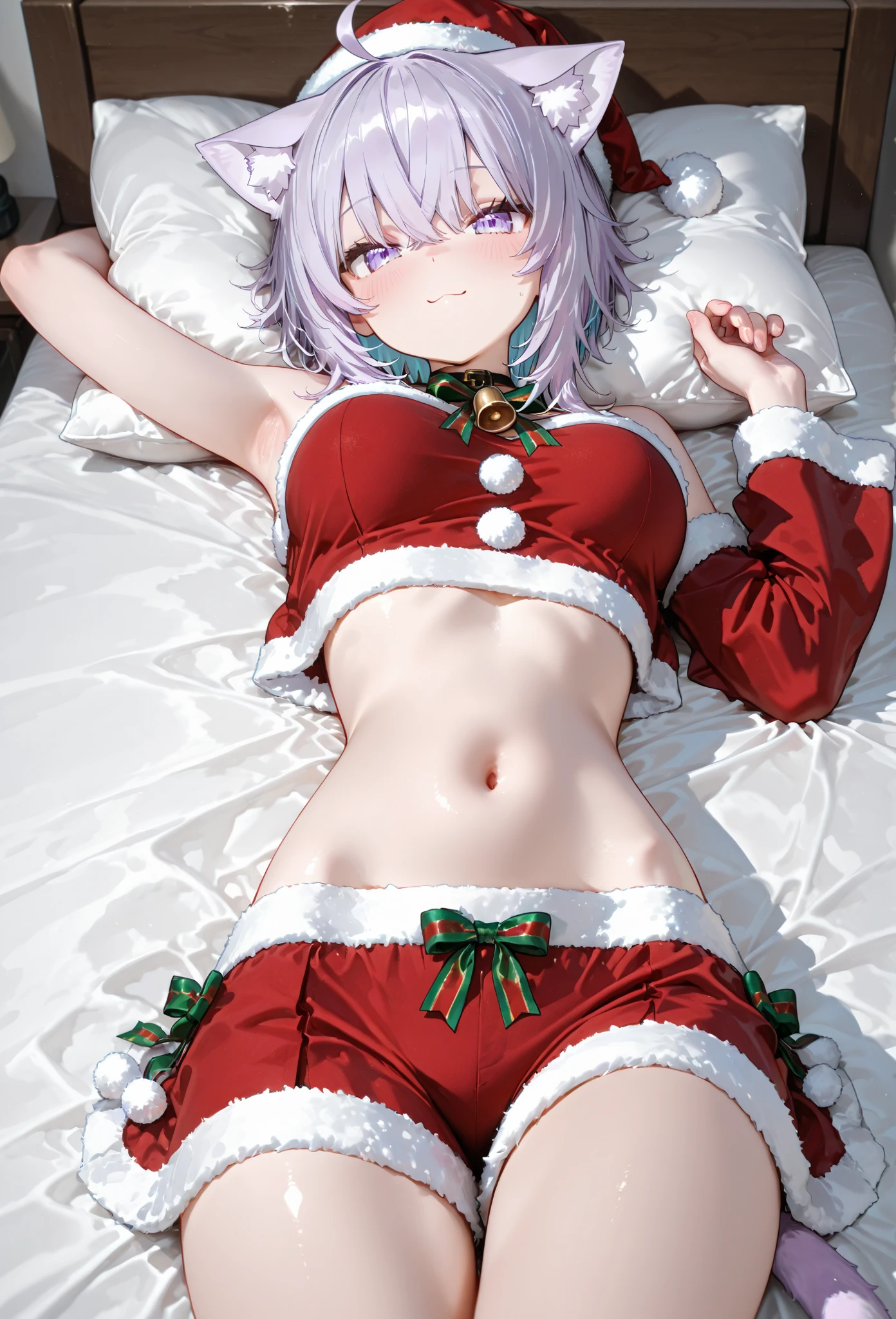 (shiny gray hair),(Straight shorthair:1.2),(Light blue eyes),(With bangs),Slight red tide,(christmas color ribbon:1.4),(wrapping your body:1.45),(decorate your body:1.3),(place々lace is used in:1.3),(laying on back in bed:1.65),(Holy Night),(Inside your eyes are sparkling like stars:1.5),(Colorful and beautiful Christmas illuminations),(Gorgeous Christmas Tree),(🎄),(Fluffy and fluffy accessories),(lots of christmas presents:1.3),(Buttocks close-up:1.35),(Eye size:1.7),(nsfw:1.3),(Exposure:1.45),(Face writhing in pleasure),(Raise both legs and do Manguri Gaeshi:1.25),(View from below:1.4),(close up of face:1.5),