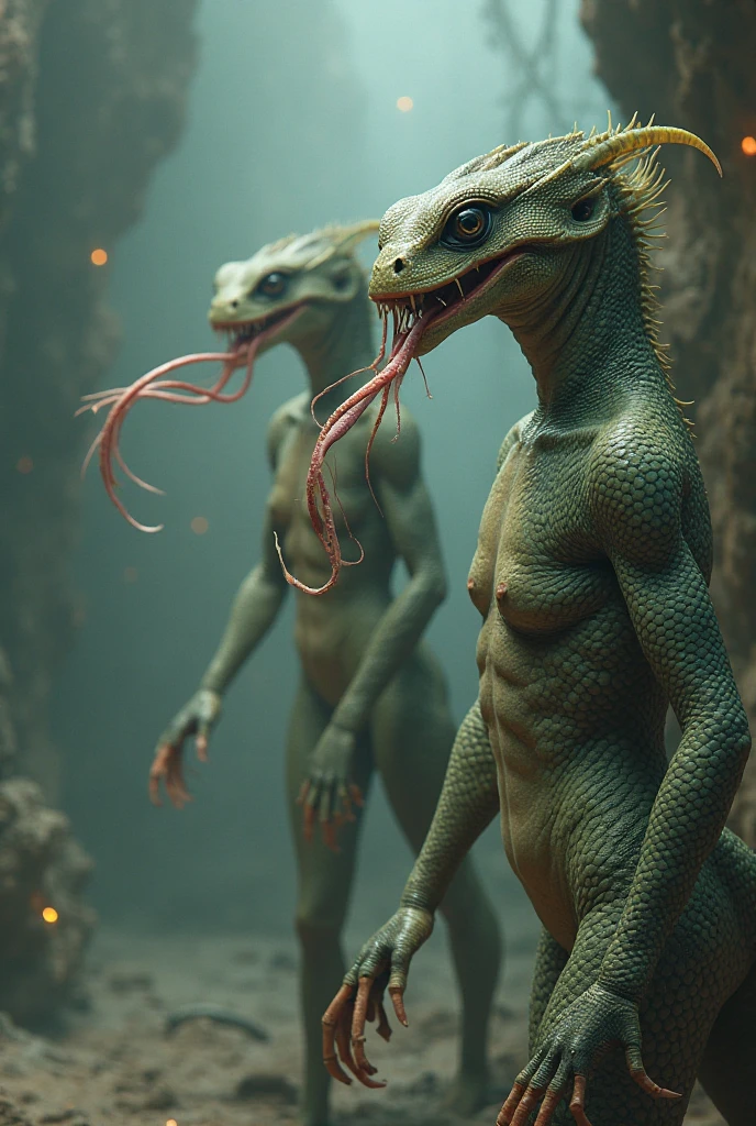 The humanoid being is a hybrid of a lizard and a fish. This being communicates through gestures..