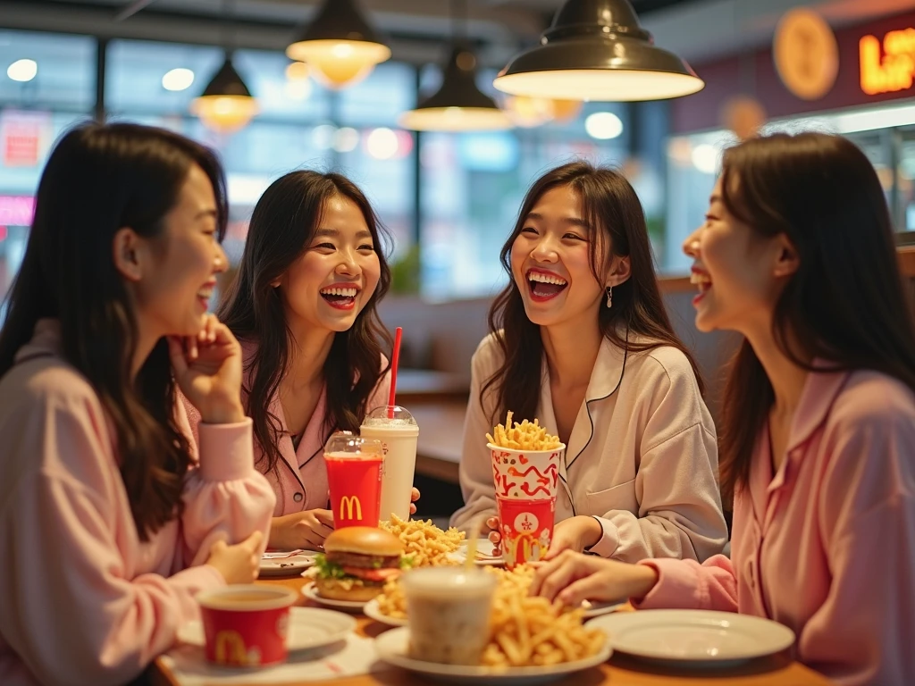 Three female friends holding a KFC family bucket,Everyone laughs happily,At KFC restaurant,KFC sign in the background