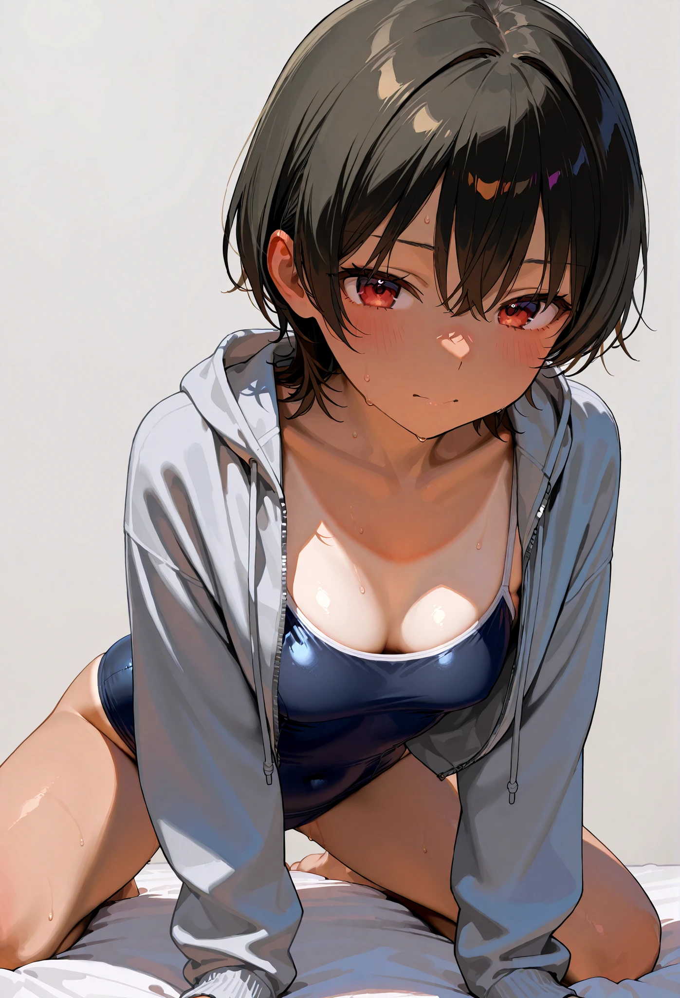1 girl,utbikini, light hoodie,red bikini,(standing),light smile,outdoors,navel,hands in pockets,dark blue hair, dark blue eyes, short hair, earrings, hair accessories, anklet, right eye hidden by bangs, middle chest, cleavage, toned belly, muscular