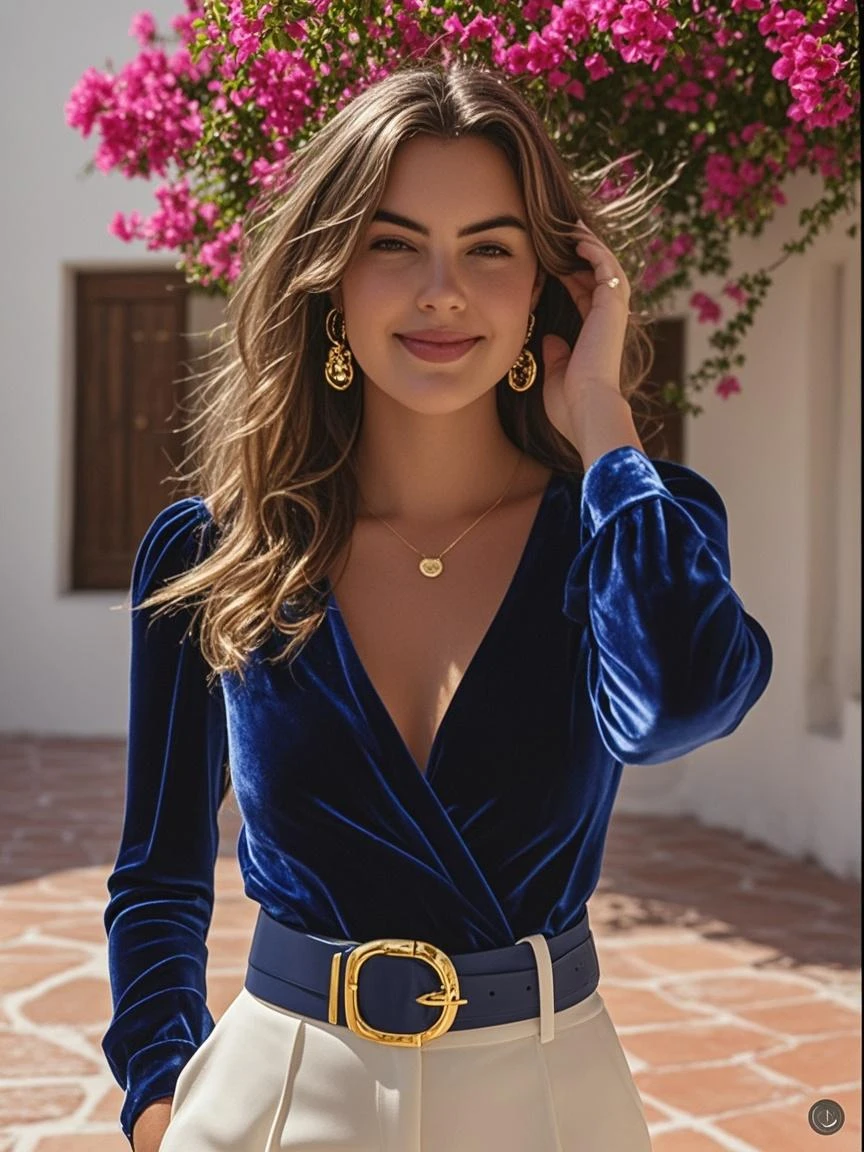 21 year old woman, cute blue eyed blonde with slavic features, se encuentra en el Zoco del Oro, usando un elegante vestido negro que resalta sus curvas. He is standing in front of a jewelry store, con un collar dorado destacando su escote. Sus ojos azules brillan con el reflejo del oro, while looking at the jewelry with interest.