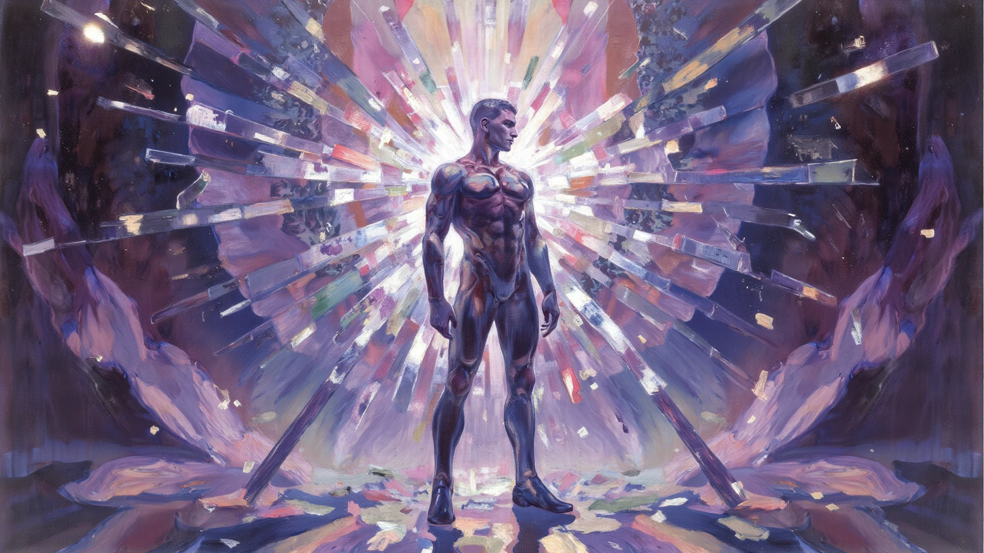 (Highest quality:1.2),One man,alone,Are standing_Split,whole body, Photo of a Japanese man in his 20s made of shiny white and silver translucent glass and plastic,Muscular and shirtless, Silver metal interior, Dynamic pose, Flow organic structure, A sparkling golden circuit, colorful Neon decoration, Ball of Light, Illumination, Illumination回路, Neon decoration, Depth of Field Focus F/2.8, H&#39;art.right. liver, Greg rightutowski