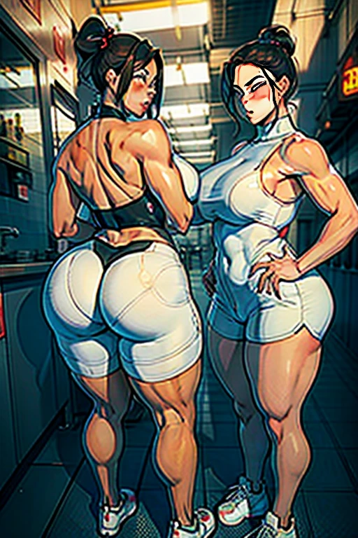 "Provocative allure, toned physique, porcelain complexion, edgy pixie haircut, dynamic and alluring pose, captivating curves, Luscious behind, cascading brown locks, hyperrealistic depiction."