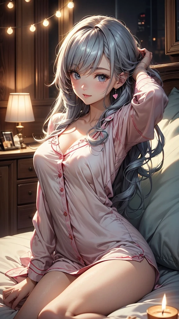 Beautiful gray hair woman is shown to have a slender figure, she is wearing a nsfw pajamas, thin ponytail , sexy look, green eyes, girl sitting on bed, sexy session, sexy pose, cowboy shot, superior quality, many details, realistic