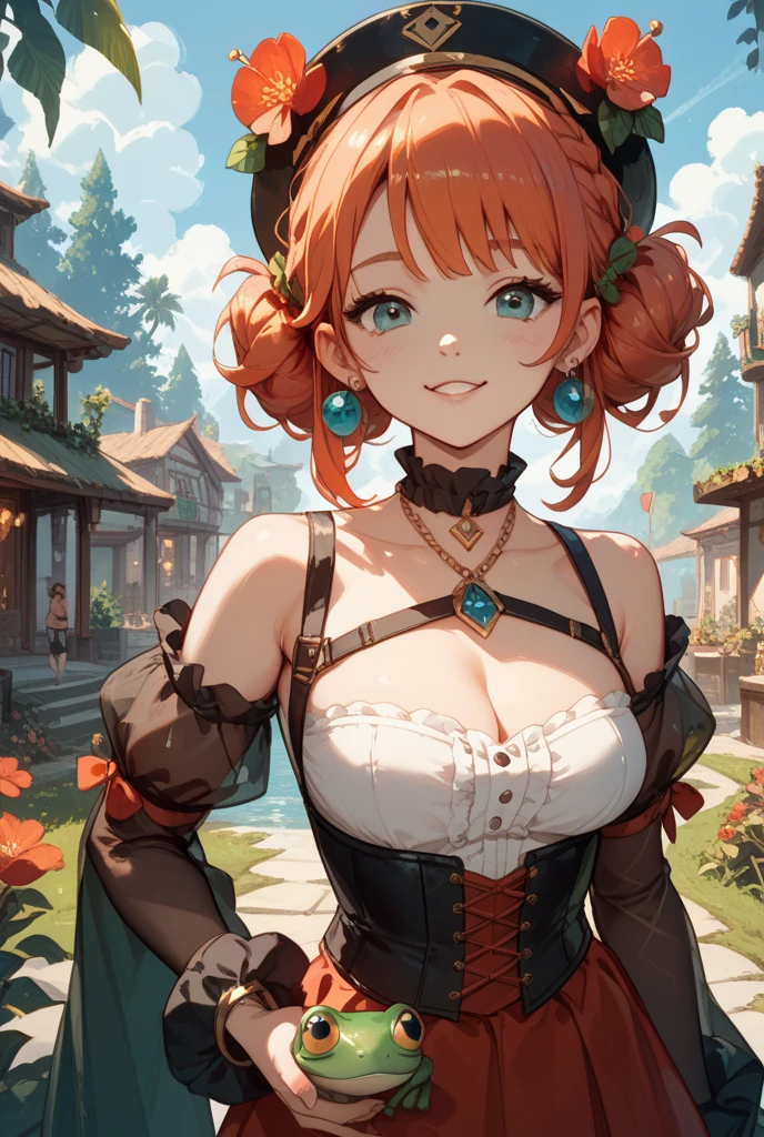 (masterpiece, detailed shadow, detailed lighting), best quality, expressive eyes, perfect face, fox girl ((working in a run down market stand))? Red detailed hair, expressive blue eyes, sad expression, (Medival vendor clothes), selling appels, best view angle,