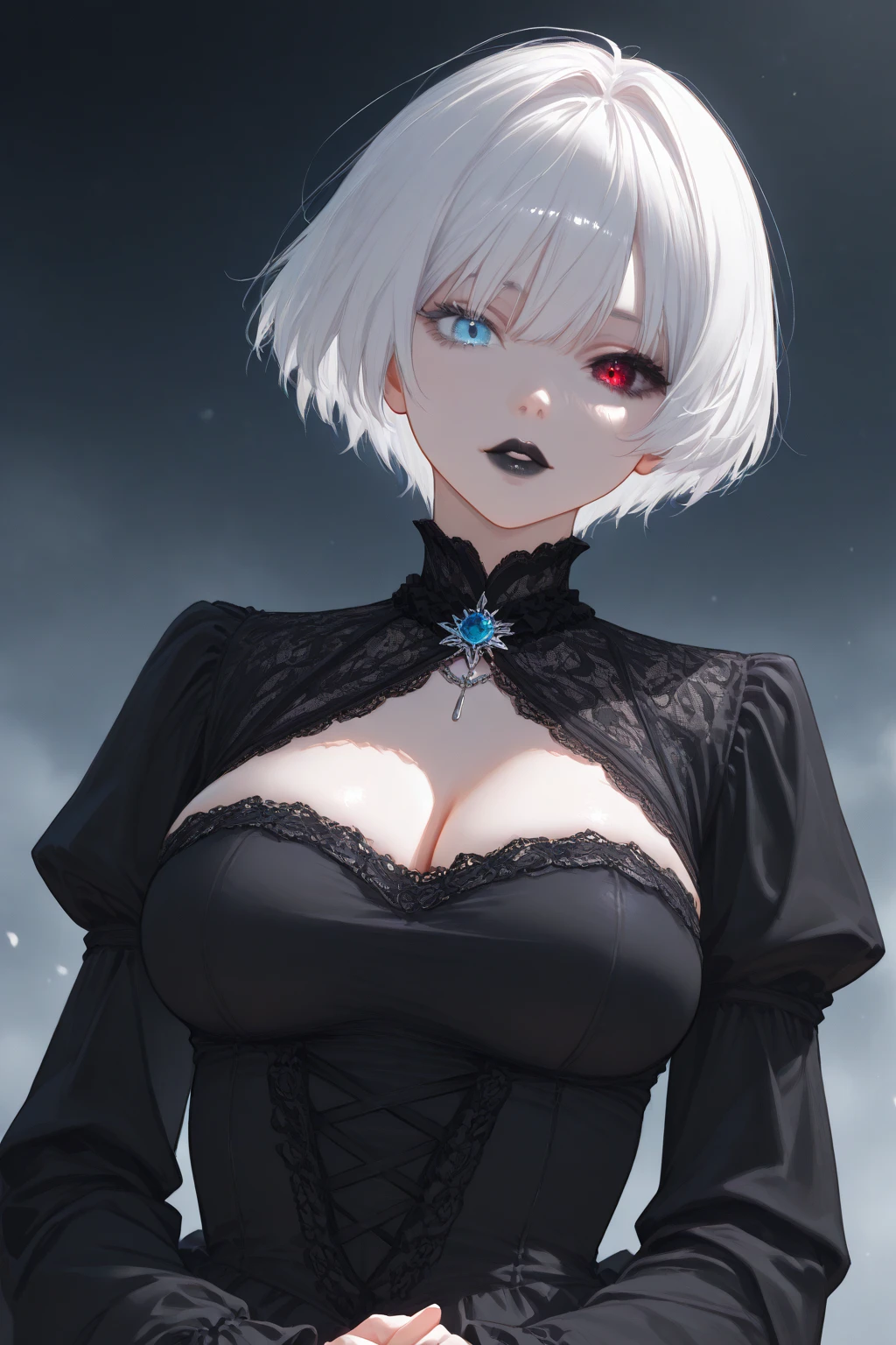 Masterpiece, Superb 1 Woman, Long Black Dress, Ink Painting, Mature Woman, Woman with Short Silver and White Hair, Hair Over Shoulder, Pale Pink Lips, Indifference, Seriousness, Bangs, Assassin, White Clothes, Facial Details, Correct Proportions, This painting was created in the Guweiz style and depicts an oil painting of a woman with short hair. The entire painting features a palette of white and black. The woman's face is very realistic female faces, which are loved by the audience. Presented in a meticulous drawing style. The women's white hair is like snow, the eyes seem to be full of watery red eyes, exuding a mysterious atmosphere, the women are dressed in elegant and exquisite clothing, and the whole painting shows a high degree of skill.