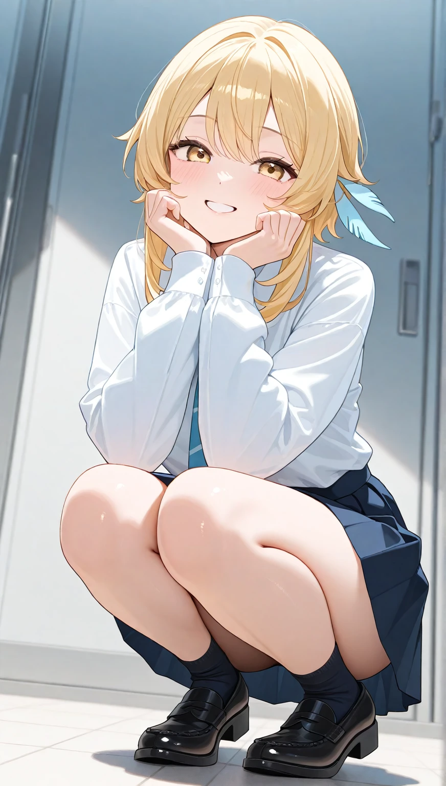 (masterpiece), (Highest quality), (Super detailed), ((Very delicate and beautiful)), One girl, 独奏, Satsuki, Blonde, Black Sailor Suit, White neckerchief, Crescent Pin, (very long hair), smile, Flat Chest, belt, Black Skirt, Open your mouth, Sitting, on bed, indoors, Detailed iris, young, (Skirt Lift), (panties), (Butt), From below