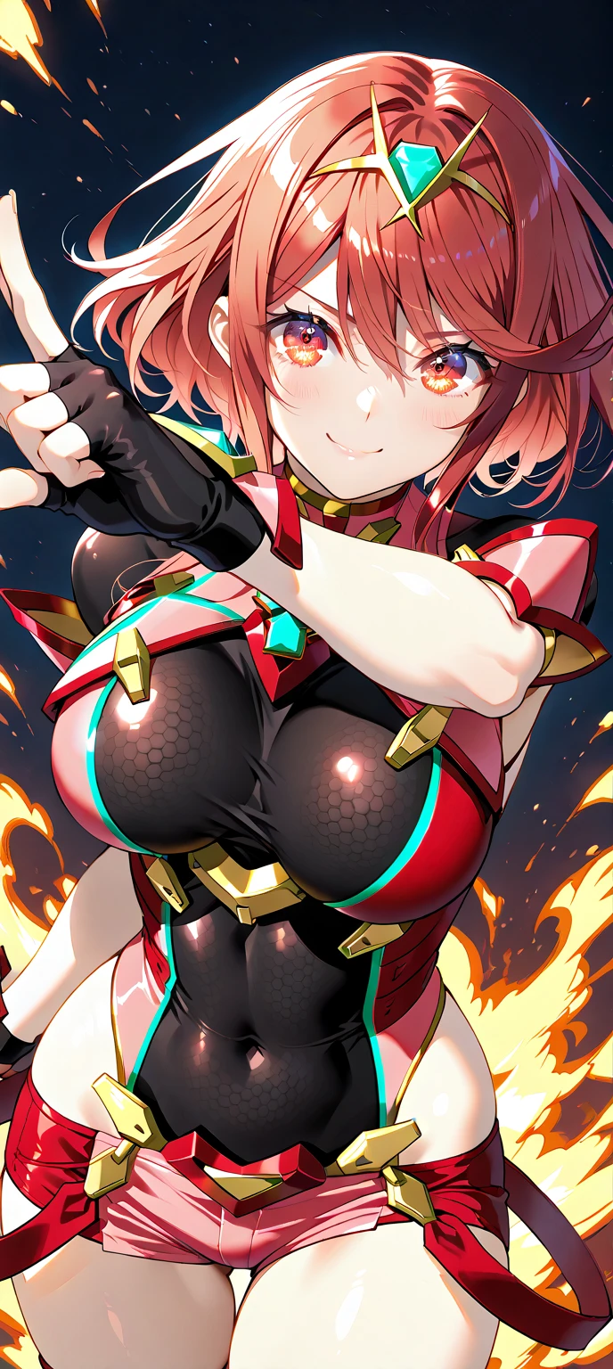 pyra \(xenoblade\), teen_1girl, loli, armor, bangs, black gloves, breasts, red eyes, light_open_mouth, earrings, eyelashes, fingerless gloves, floating hair, framed breasts, gem, gloves, hair ornament, headpiece, jewelry, big_breasts, leaning back, leotard, neon trim, official art, pose, red hair, red shorts, saitou masatsugu, short hair, short shorts, short sleeves, shorts, sidelocks, skin tight, solo, swept bangs, thighhighs, tiara, fantasy_town_background, turtleneck, underbust, vambraces, xenoblade chronicles \(series\), (xenoblade chronicles 2), (spread_legs:1.1), fire_effect,dynamic_pose,fighting,light_smile, (plump:1.4), big_ass,huge_sword, hold_large_sword_hilt, covered_nipples, (covered_pussy:1.2),cameltoe,back_view, fists,ponytail,plump,beautiful_fingers,(solo:1.1),selfie