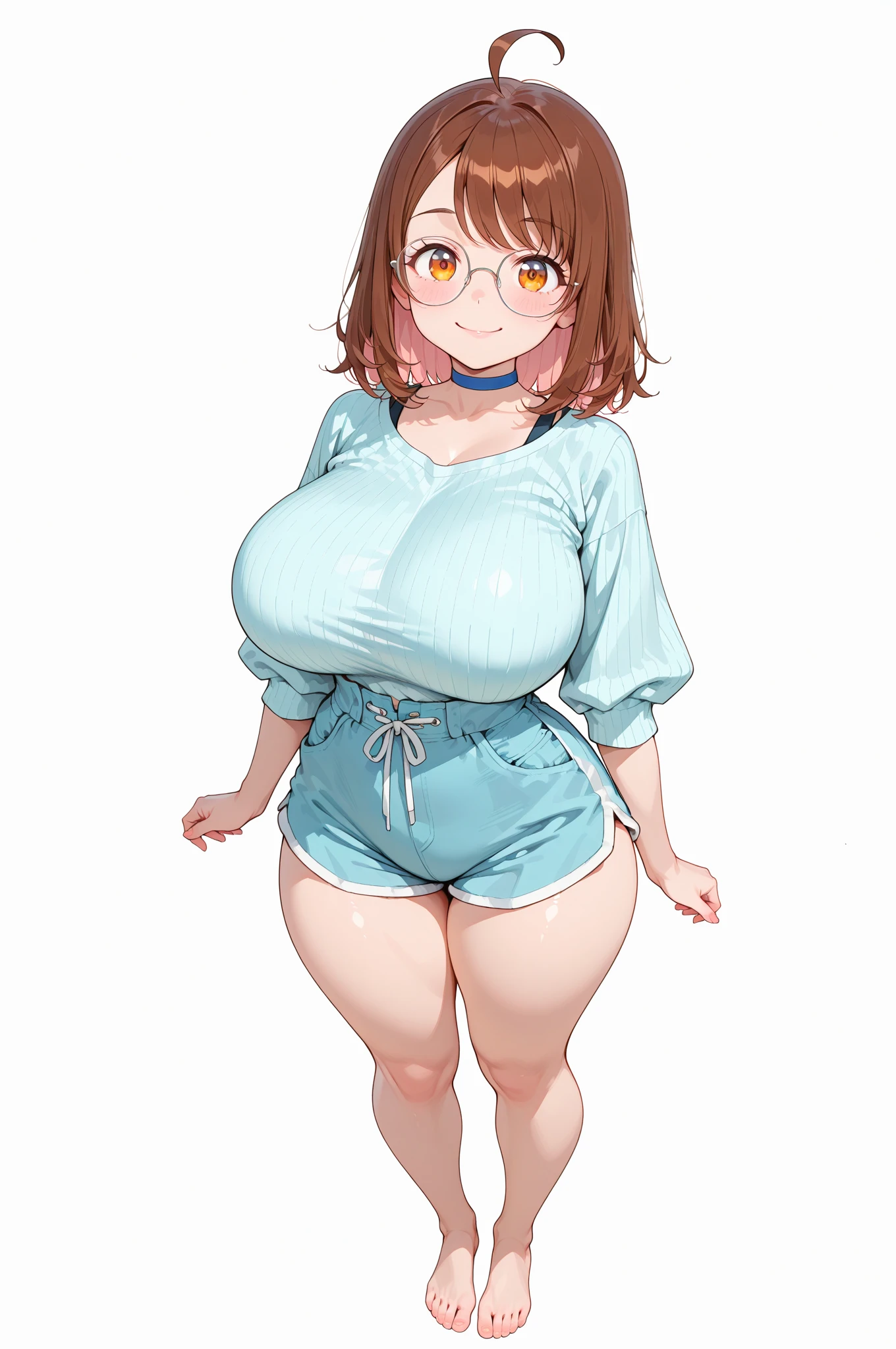 Chubby, woman, Thick waist, Large chest, Brown hair, Short messy hair, Gray cat ears on the head, Blue eyes, Gray jeans, Black combat boots, Larger body, Chubby face, Be red in the face, Cleavage is visible, fully nude