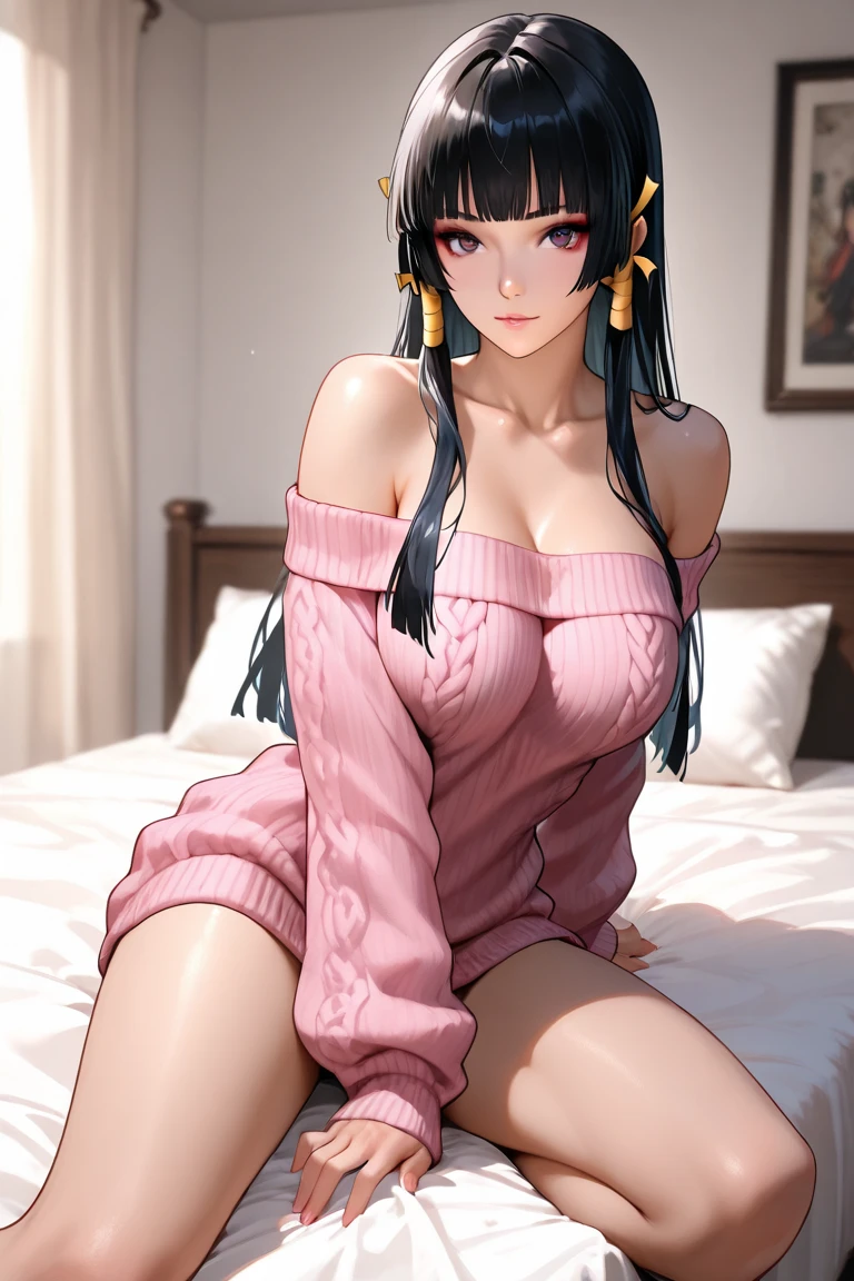 Sexy and cute woman, woman in love, black hair braided, very seductive and soft eyes, blushing hard, pink lips parted, seductive smile, long neck, collarbone, medium chest, cleavage, off shoulder t shirt, bare shoulders
