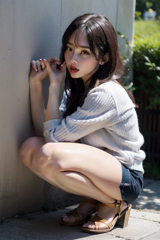 ((Best Quality)), ((masutepiece)), (Detailed), perfect face 1 woman、(Solo)、(Super beautiful)、(beauitful face:1.5)、(A detailed face)、Slender Abs、(Stewardess:1.2)、Squatting、troubled look、Body facing the camera、(The shape of the woman's pubic area is clearly visible)、Facing forward、 (Black Dress:1.5)、(M-shaped legs:1.5)、(Pee with your legs wide open:1.5)、(purple panties from skirt:1.6)、(Bare legs:1.4)、(Wearing pin heels)、Angle from below、(At SFW:1.1) Beautiful half face information