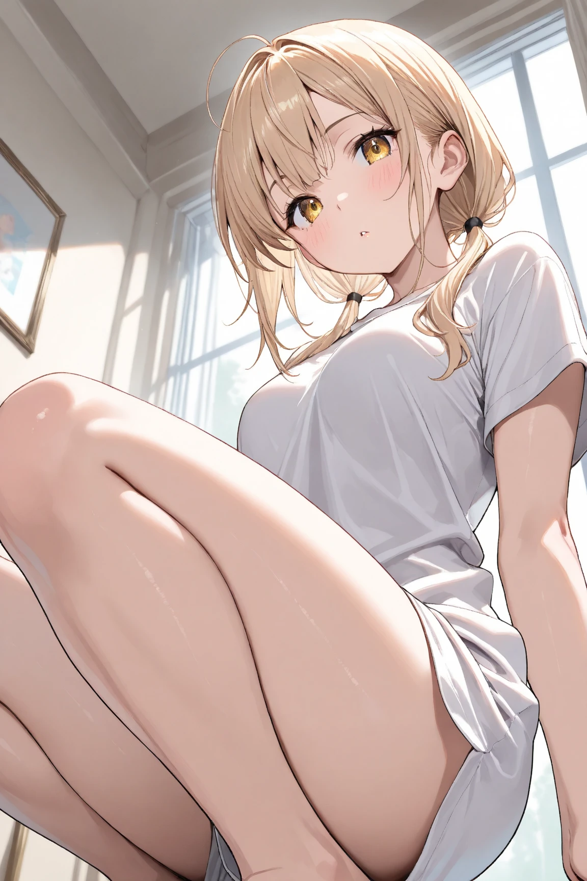 Close-up、(((blonde hair)))、(((vaginal sex))),((having sex)),((sexual position missionary))),wavy short hair、cute、summer:1.3、shirt:1.3、、skirt(((Highest image quality、High resolution、masterpiece、one woman)))、((((embarrassing:1.3、)))、(((cute)))、Super delicate and cute girl with black hair、soio、a office lady、16 years、8K Ultra High Definition、Delicate texture、short wavy Hair、flat chest、 ((tight
miniskirt )))、(((Wear a business suits)))、(((black shoes))),,))),,Plain clothe、Smiling,spreading her legs,exposed panties,nsfw,middle breast,living room,lying down on the sofa,spreading legs open wide with knees bent,creating the shape of the letter M,(((detailed race white panties))),,having sex,,penis insert,splash semen,