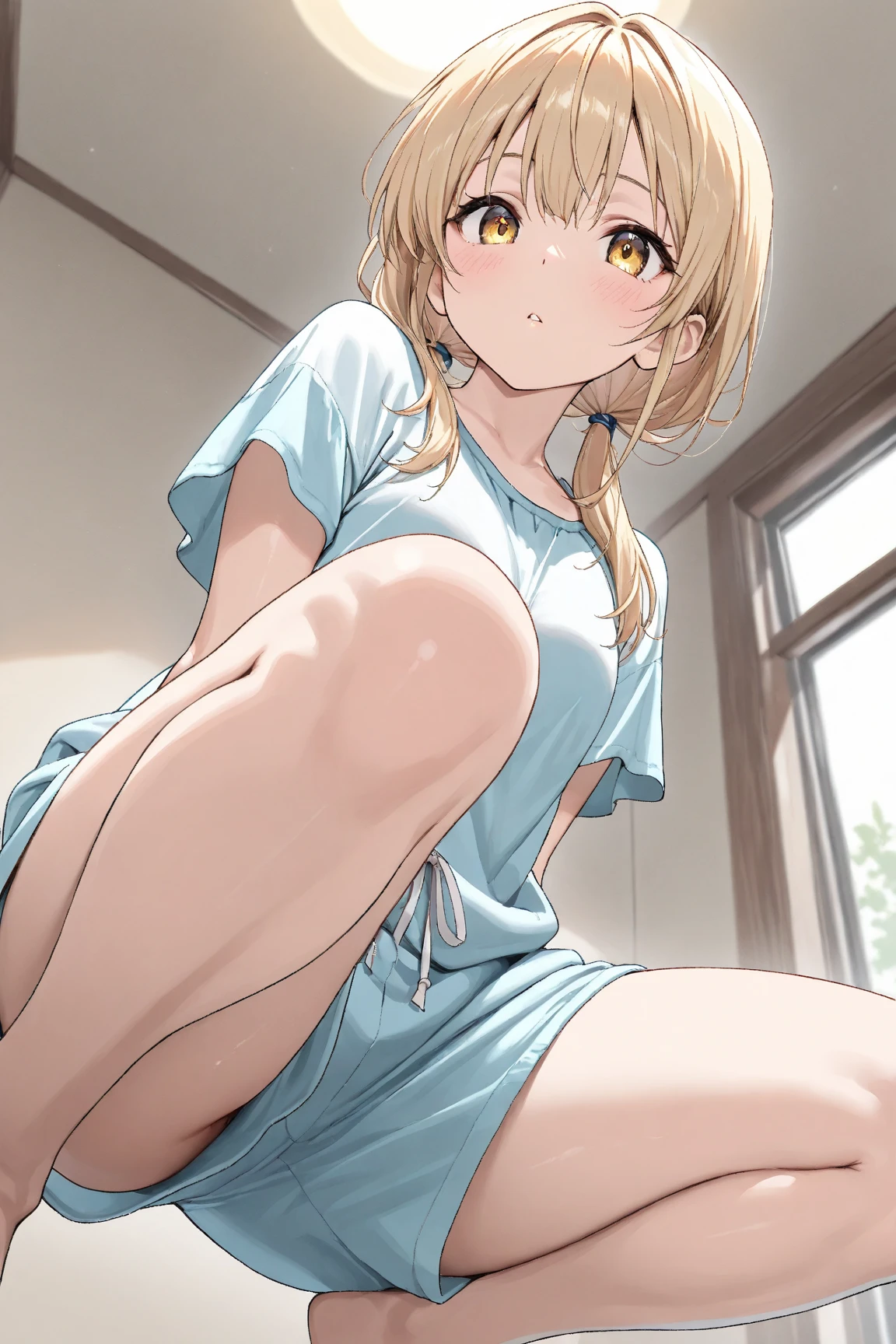 (masterpiece, highest quality:1.2), A girl with blonde hair and red eyes wearing a white shirt, Side Ponytail, Full Bang, Looks confused, School,
Super detaileded, highest quality, Expressive eyes, Perfect Face, super high quality, Super detailed,nsfw,hugging own legs,white panties,cameltoe,