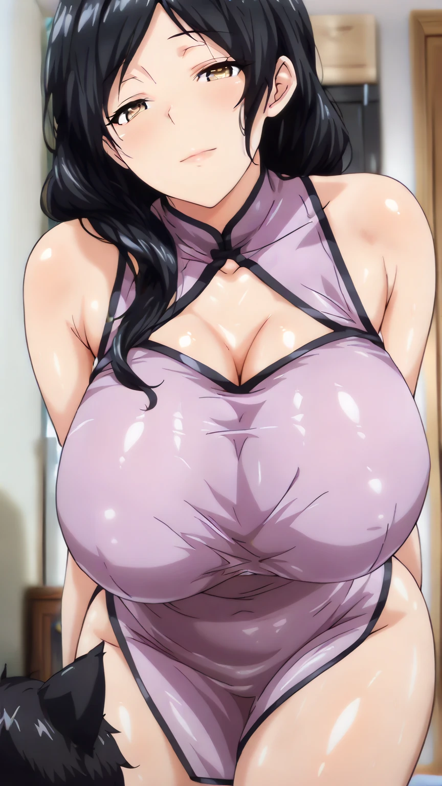 masterpiece, absurdres, hinata\(boruto\), 1girl, solo,mature female, tight tshirt with cleavage showing bodyline, tight pants, looking at viewer, (falling petals), detailed lips, enarmous big breast, beautiful face, body propotion, blush, (pink lips), purple eyes, soft gaze, super realistic, detailed, photoshoot, realistic face and body, big cleavage, (very short bob cuthair), Gold chained Necklace, Long nail, Gold bracelet, Hoopa earring, Eyeliner, Purple lipstic, Plump, Wedding ring, thick lips, Hair lenght half of ear