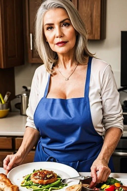 Realistic portrait of a busty woman, 60 years old, wearing a pastel Apron elegant motif. She should have a natural appearance, curvaceous forms, blue eyes, gray hair, smile, Shoot this image in high resolution with a 35mm lens to get a good perspective. Sitting on the chair, body full of soap suds, she Screaming loudly in fear, kitchen views 
