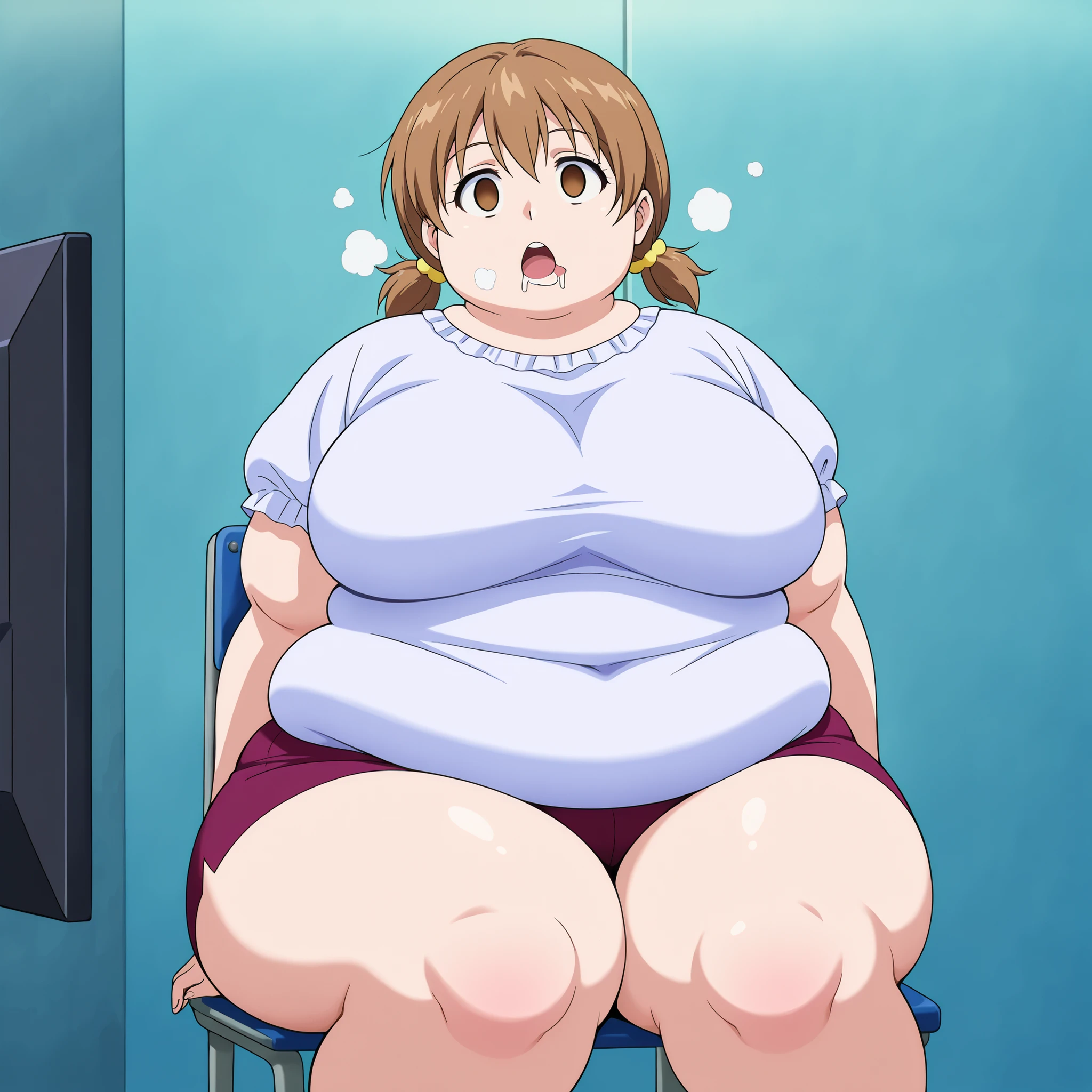 score_9,score_8_up, score_7_up, source_anime, rating_questionable, 1girl, solo, score_7_up, anime screencap, yuzu, short hair, brown hair, brown eyes,, twintails, sl0uch1ng, sitting ,chair, empty_eyes, blank_stare, empty_stare, drool, hypnosis, fat, chubby, obese, gigantic arms and legs, large breasts open mouth, out of breath, swollen face, Fat_neck , Fat head , eyes with crushed cheeks , nose with crushed cheeks , mouth with crushed cheeks , chin roll