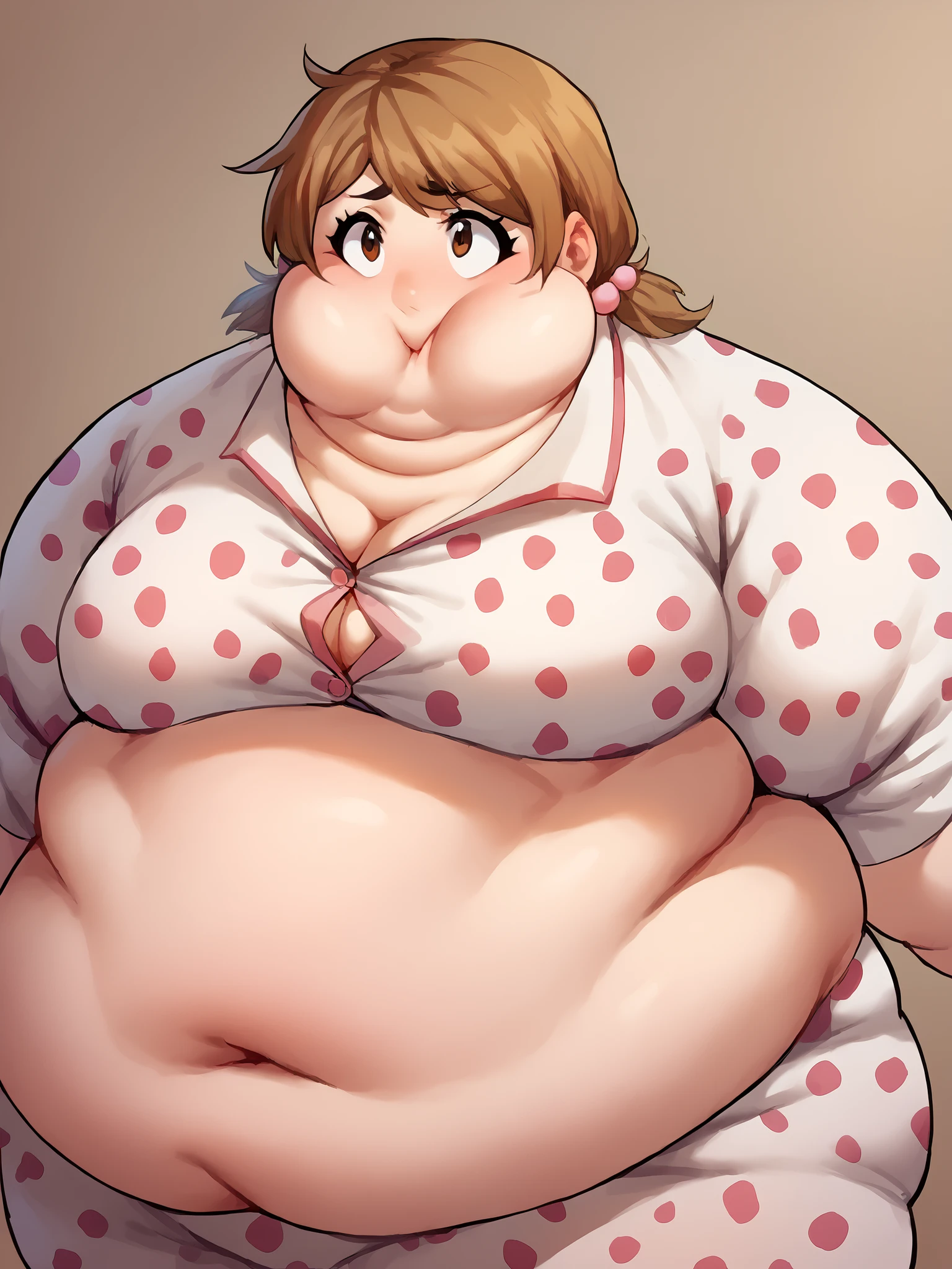 Score_9, score_8_up, score_7_up, score_6_up, source_anime, bedroom background, 1girl, larger_female, size_difference, standing, button up pajamas, yuzu, short hair, brown hair, brown eyes,, twintails, chubby fat female, BREAK, fat, chubby, obese, fupa, swollen face, Fat_neck , Fat head , eyes with crushed cheeks , nose with crushed cheeks , mouth with crushed cheeks , chin roll