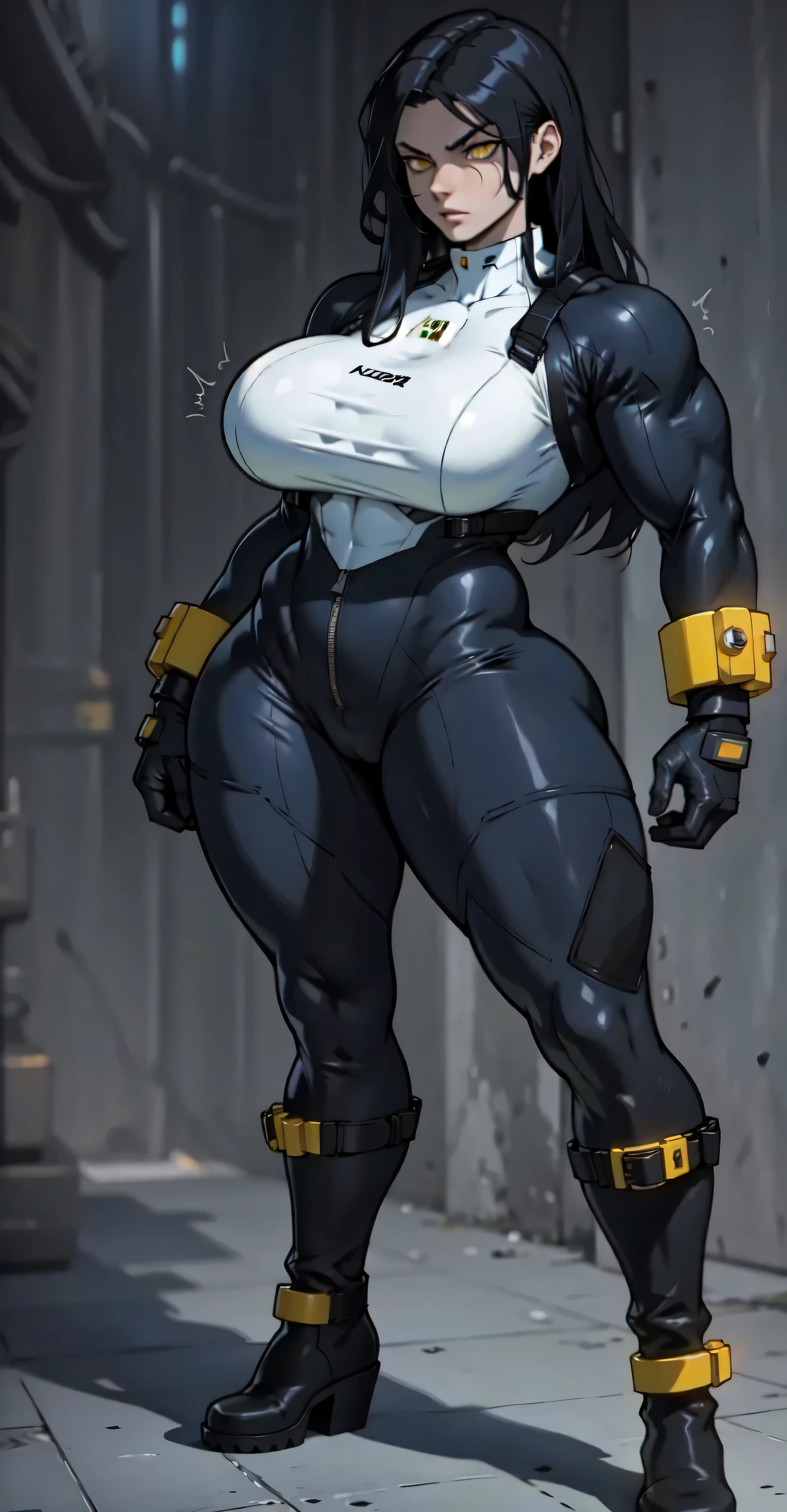 female female dark atmosphere dark atmosphere dark atmosphere dark atmosphere ((((((1girl)))))) (((((muscular))))) ((thick thighs huge breasts)) black hair yellow eyes solo sad frown pale skin sweaty concrete wall very long hair pilot suit curvy wide hips bodybuilder perfect anatomy standing ((full body))