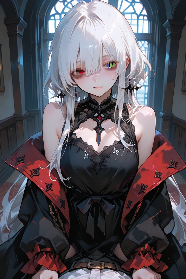 (Highest quality,Very detailed,High resolution:1.2),One Girl,Gray Hair,The most beautiful girl in human history,暗い red eyes (暗いred eyes:1.1),さみし気な aura(aura:1.1),(mysterious,Ghostly:1.1) atmosphere,Looks like half a demon,(Demonic traits,Demonic traits),(Elaborate,wonderful) Earrings,Big Breasts,Small Ass,Elongated beautiful legs、Nasty bra,Lace panties、A big full moon shines in the dark night sky、Dirty body、Clear eyes