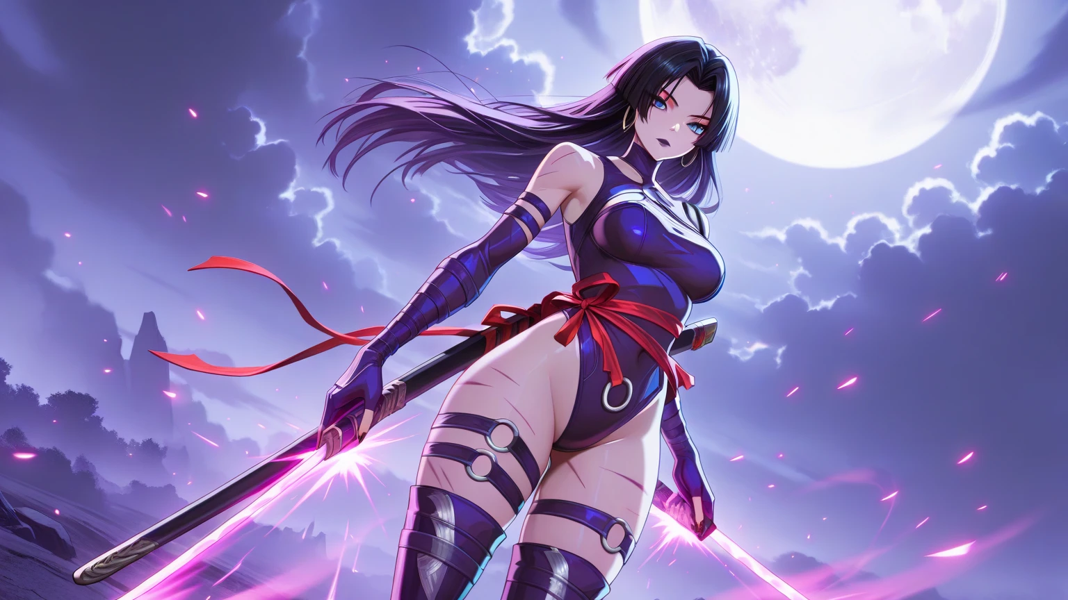Niaara is a young woman with black hair, com olhos vermelhos com sharingan , His uniform is similar to the style of Hashira Shinobu Kochō , holding a purple sword in attack position. lutando contra um  lua superior