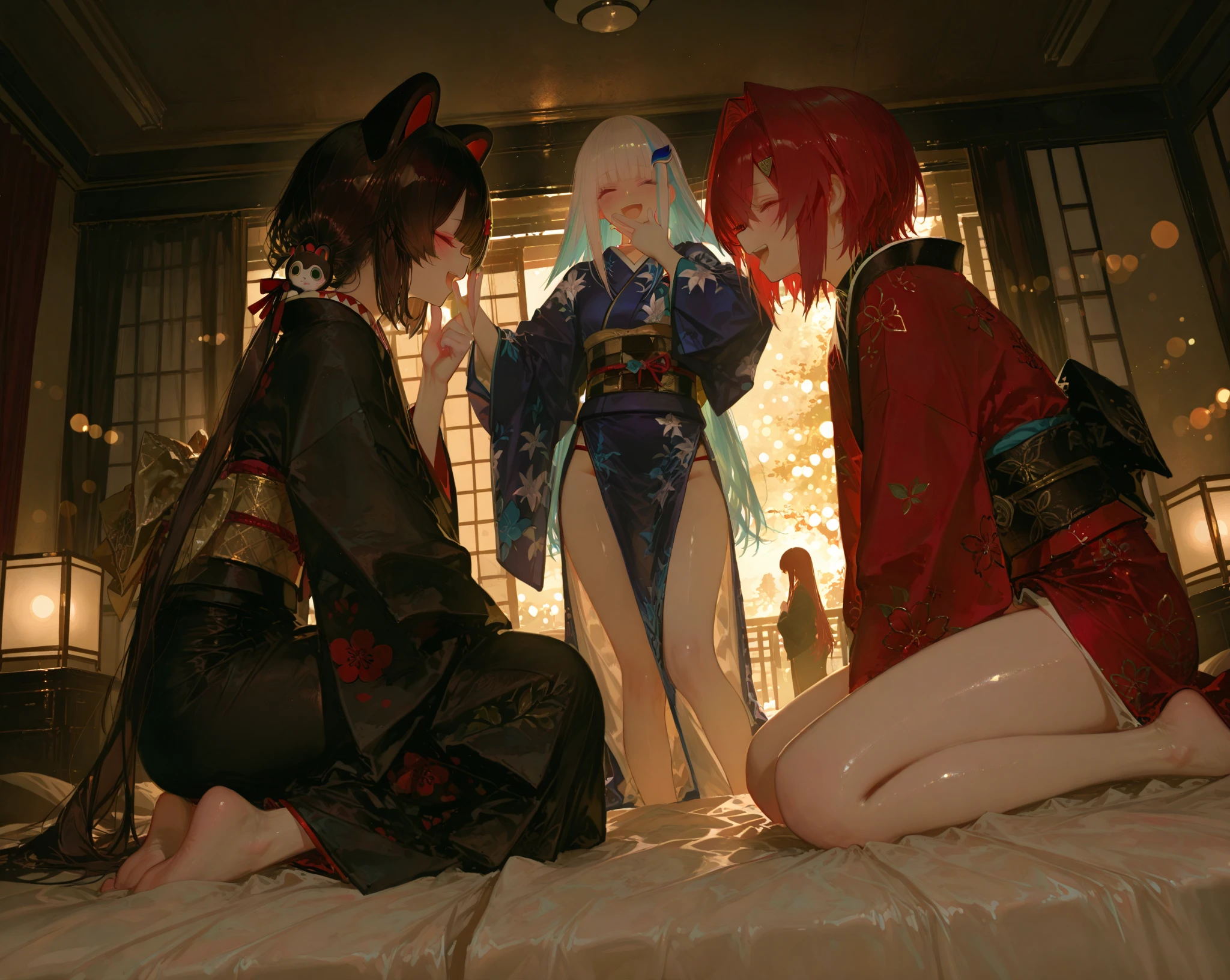A building with large windows, each featuring different girls in Lolita, kawaii, hentai, and sexy styles. Some are scantily clad, while others are naked, playing and doing naughty things in such a way that the different windows can be seen from outside with them inside.