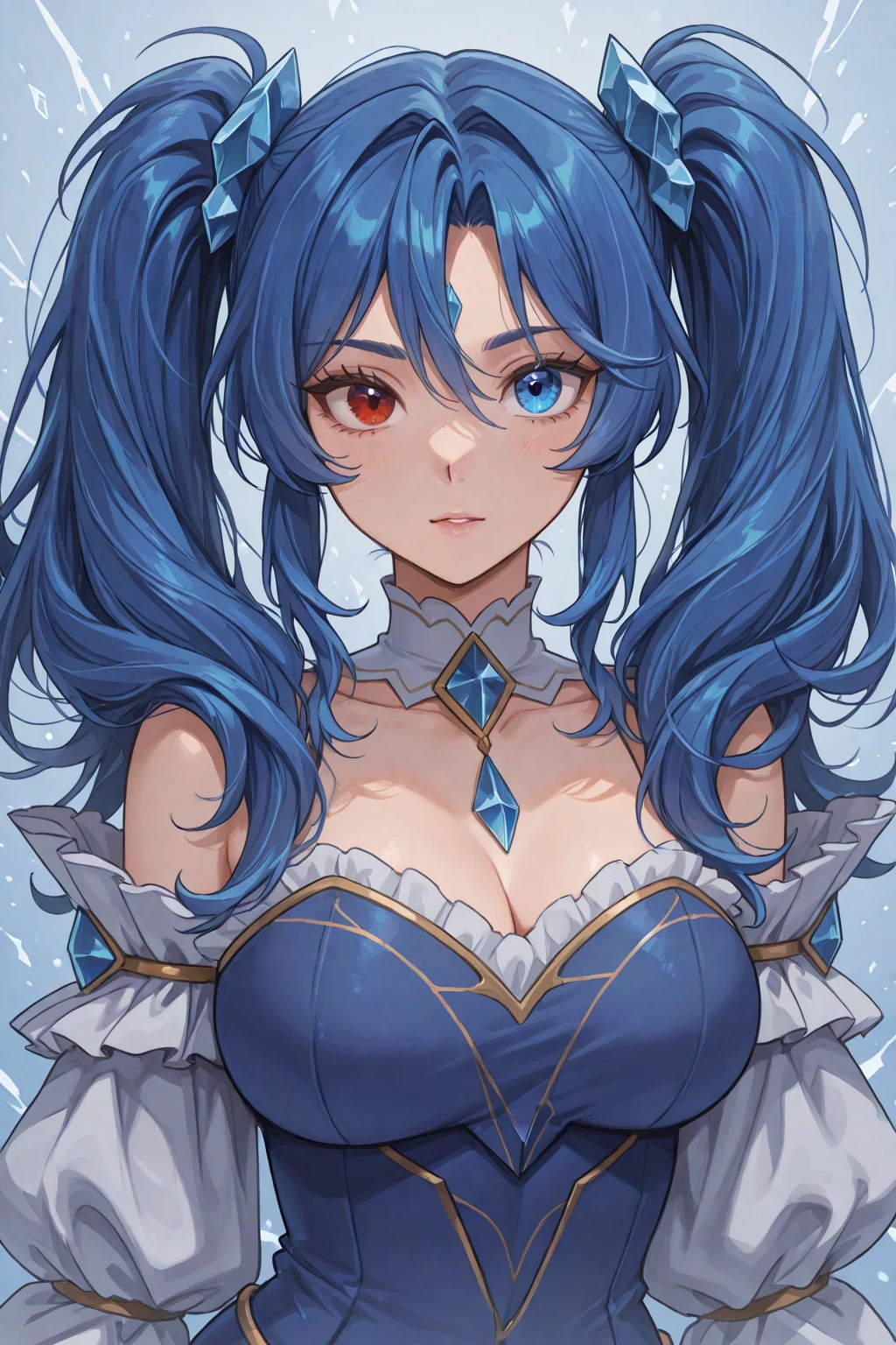 Foroderica, long hair, Purple eyes, Blue hair, White background , Big breasts, 