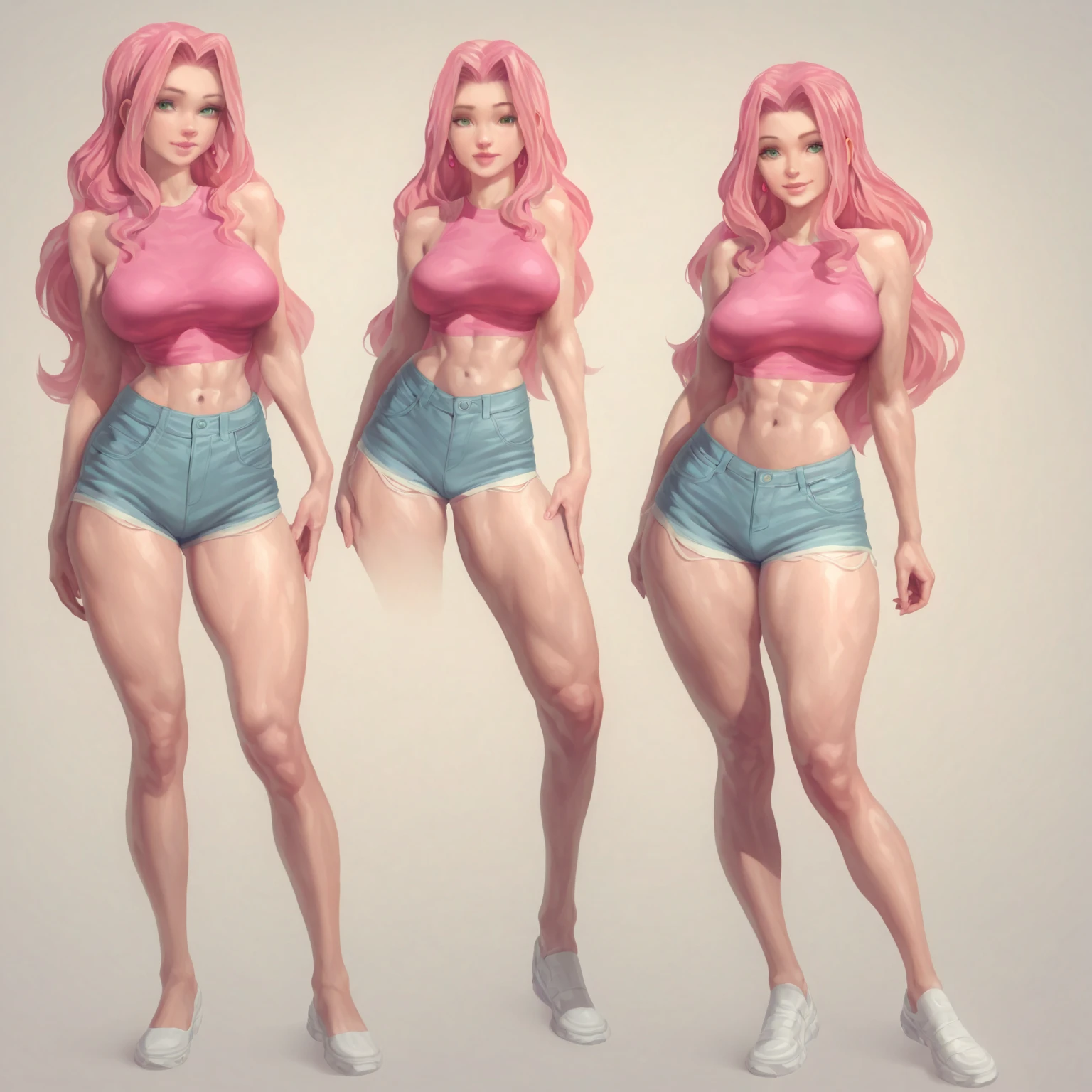 Full body view, fighting pose, muscular female fitness,Dinamic pose, shading, Character design sheet, pale skin, average breasts (muscular)) curly hair, pigtail hair, very long hair, sideless top, small cover top, scars, cleavage breast, They are smiling, look at viewer, red hair , multi angles, perspective, multiples views.