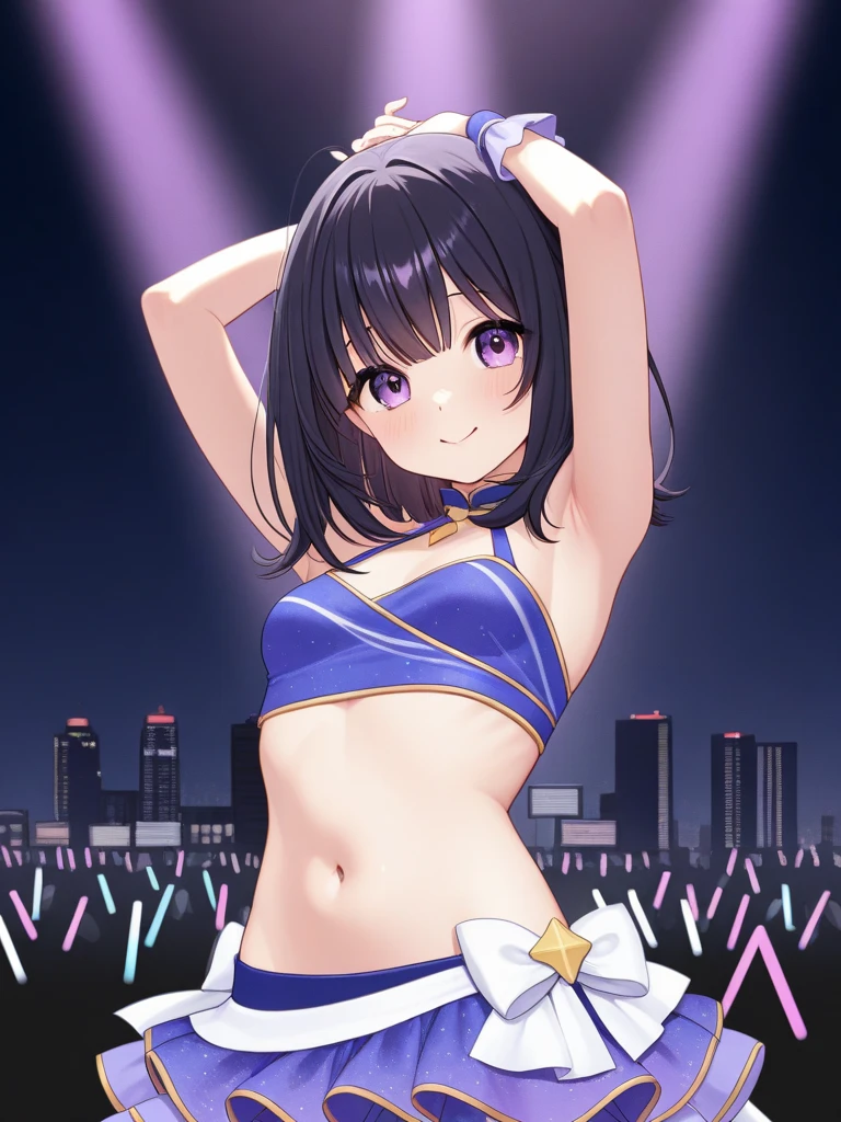 smile、maicro bikini、idol pose、stage、orange lighting、((small breasts)),arms behind head,stand,open legs