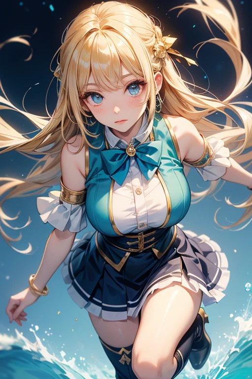 (masterpiece, best quality:1.2), 1girl, solo, blond hair, blue hairband, blue hair ribbon on the left, white-blue breast, black gloves, knight skirt, Solid color background