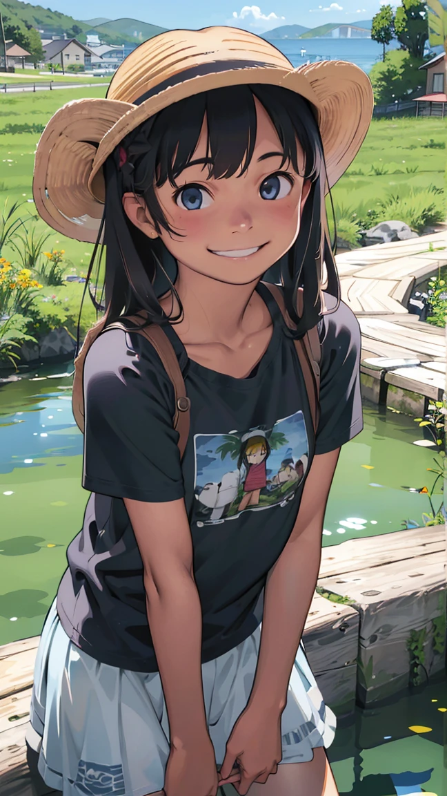 masterpiece, Highest quality, High resolution, Very detailed,(((Multiple Girls))), (((Three Girls)))、(((Straw hat。)))、(((smile)))、(((Waterfront)))、skirt, Shorts, Plants