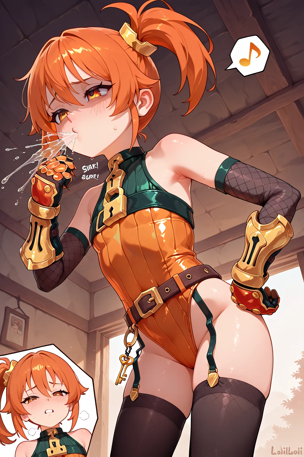 nsfw,(super fine illustration,8K CG wallpaper,best quality,extremely detailed,ultra high res,best aesthetic),(cowboy shot,from front),idolmaster, {{{hina araki}}}, (25yo, beautiful girl), (beautiful brown eyes),((beautiful orange hair)), ((short hair)), (((green rim glasses))), (wet hair), (wet skin), ((sweat)), ((steam)), (flat chests,large breasts), (tall), (slender), (((green and white cyber suit))), ((open clothes)), ((pubic orange hair:1.5)), ((on stage)), ((((spread legs)))),((spread pussy:1.3)),(open mouths), (a big smile), ((stick out tongue)),(feel good), (one eye closed),(blush),(singing),((have a microphone)),((headset)),(cum on body:1.3),(bule napoleon),