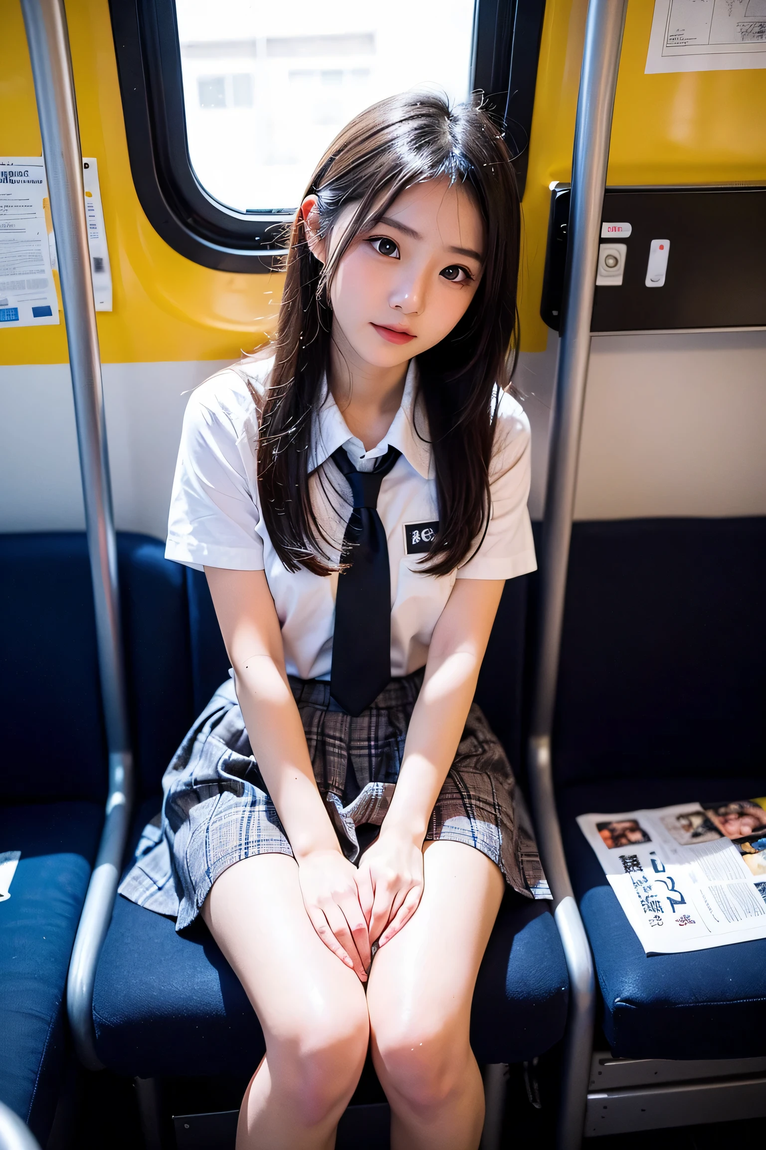 8k, RAW Portrait (Japanese women),masterpiece、Realistic:1.3、Realistic, Ultra-high resolution, Highest quality, Real Life Photos ,(((Showing panties:1.4)))、((Sitting on a train seat on the Yamanote Line, looking at my smartphone.))、
((((1 person:1.5)))), (((電車内でPlease lift your skirtパンティーを見せびらかす女子高生:1.4)))、(Cute Face:1.3),((Japanese schoolgirl))、(((School uniform:1.6))))、  Black Hair,(Written boundary depth:1.3)、 ((Dark brown eyes:1.2))、(Realistic skin texture:1.3)、(Immersive atmosphere:0.8、Chiaroscuro:1.2) 、(Audience:1.3)、((Expressionless:1.3))、((Red cheeks:1.1))、((very small white panties:1.4))、((Please lift your skirt))、(Emphasize panties)、Skirt Lift、Please lift your skirt