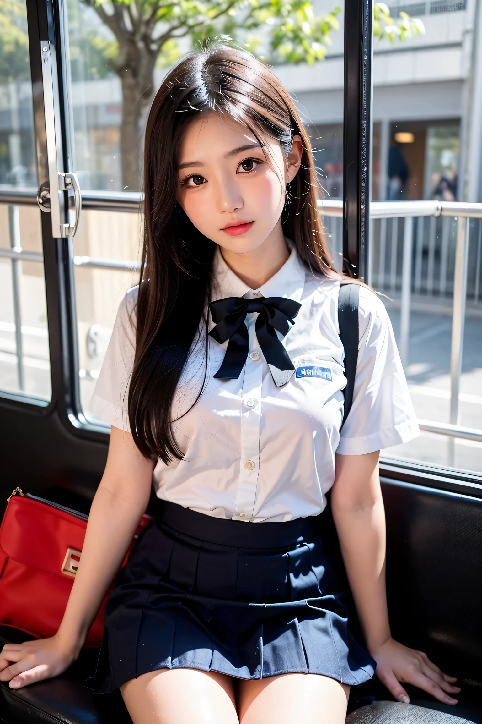 (((Accentuate your sexy bust:1.75)))、(((Sexy Knee High:1.35)))、((((Emphasizes sexy crotch:1.35)))、((((Spread your legs wide、Touching the thigh、Show your crotch、thin pubic hair sticks out、large pointy breasts))))、((Boyfriend and girlfriend having sex in cowgirl position:1.5))、((Sexual pose:1.5))、((Spread legs POV:1.5))、、Browsing Caution、（Humans are biologically correct、reference） 、 Lose extra limbs Slim limbs Extra digits Mutated hands and fingers fusion Fingers slim Bad hands Long ugly Body anatomy Bad deformation Bad deformation No extra breasts、Not Futanari、(Tabletop, Highest quality:1.2), 8k, 15-year-old student, 85mm, Official Art, RAW Photos, Absurd, White dress shirt, Pretty face, close, Upper Body, Violet, Gardenias, beautiful girl, school uniform, (Navy Pleated Skirt:1.2), Cinch waist, Thighs Thighs Thighs Thighs, Short sleeve, in the train, sit on bench seat, View your viewers, No makeup, Thin fingers, Film Grain, chromatic aberration, Sharp focus, Face Light, Bright lighting, Teen, Detailed face, Bokeh Background, (Dark red bow tie:1.1)