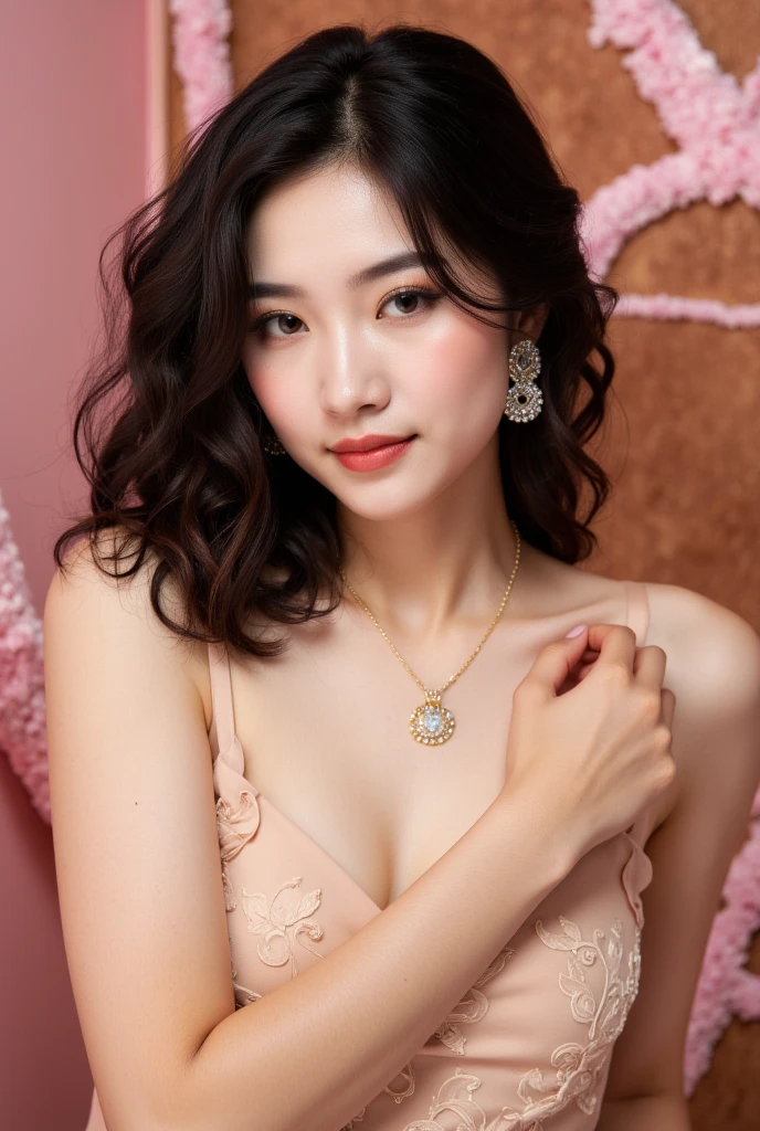 ((highest quality,8K,masterpiece:1.hot reality(1.4))、full body esbian,japanese woman,Wearing a nice dress,(necklace,earrings),fluffy light brown hair,short hair,facial japan,Golden Ratio Natural Perspective,delicate eyes、double eyelid,sexy,marine resort