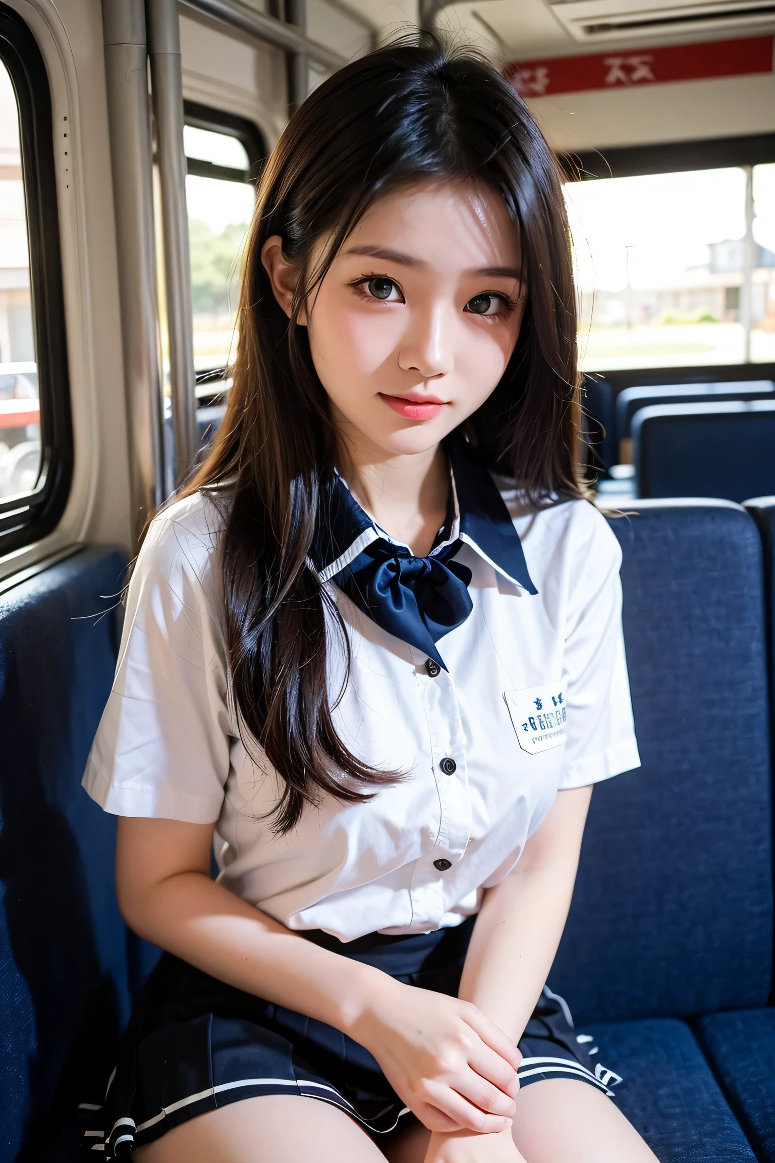 (masterpiece, Highest quality:1.2), 8k, 15 years old, 85mm, Official Art, RAW Photos, Absurd, White dress shirt, Pretty face, close, Upper Body, Violet, Gardenias, beautiful girl, , (Navy Pleated Skirt:1.1), Squeeze the waist, Thighs, Short sleeve, in the train, Sitting on a bench seat, View your viewers, No makeup, (smile:0.4), Film Grain, chromatic aberration, Sharp focus, Face Light, Bright lighting, Teen, Detailed face, Bokeh Background, (Dark red tie:1.1)