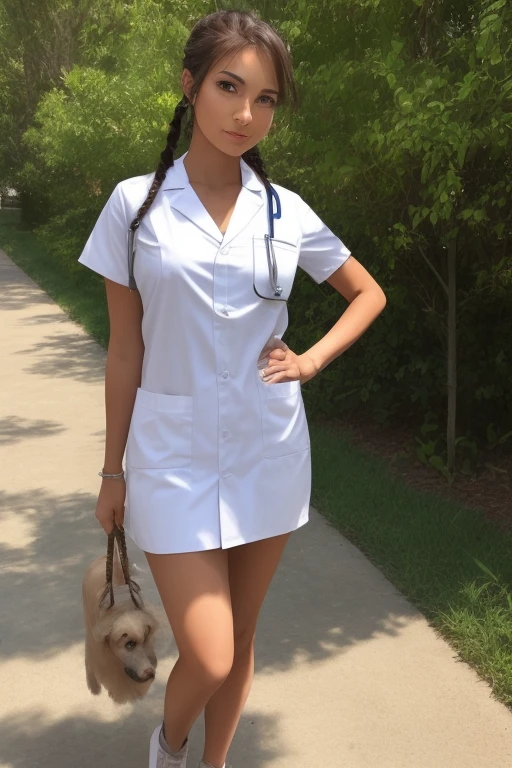 a 20 year old woman in a sexy revealing nurse uniform open at the top, posing leaning on a fence, sunny park background, side boob, healthcare worker, inspired by Elsie Few, thic, dark brown long hair, , large breasts, smiling, full body view from head to feet