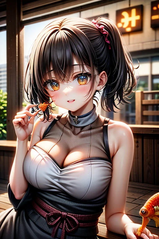 masterpiece, top quality, high detailed, detailed face, bright Eyes, outdoor, blurred background, dynamic poses, dynamic angle, (from the front),standing, (small breasts),(cleavage),(see through dress),(Looking forward:1.5), xianglingdef,joyful, laughing, hot and spicy, happy, in a old traditional Chinese restaurant