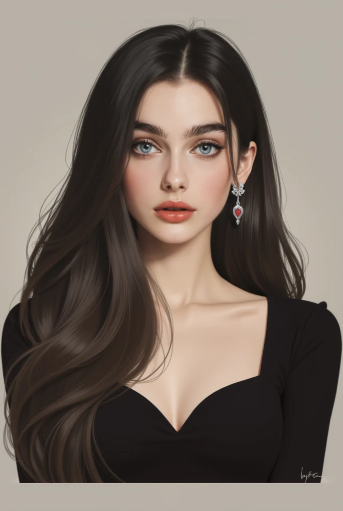 Mulher de 20 anos, rosto perfeito, olhos castanhos, cabelos longos de madeixas escuras e onduladas, pele clara
