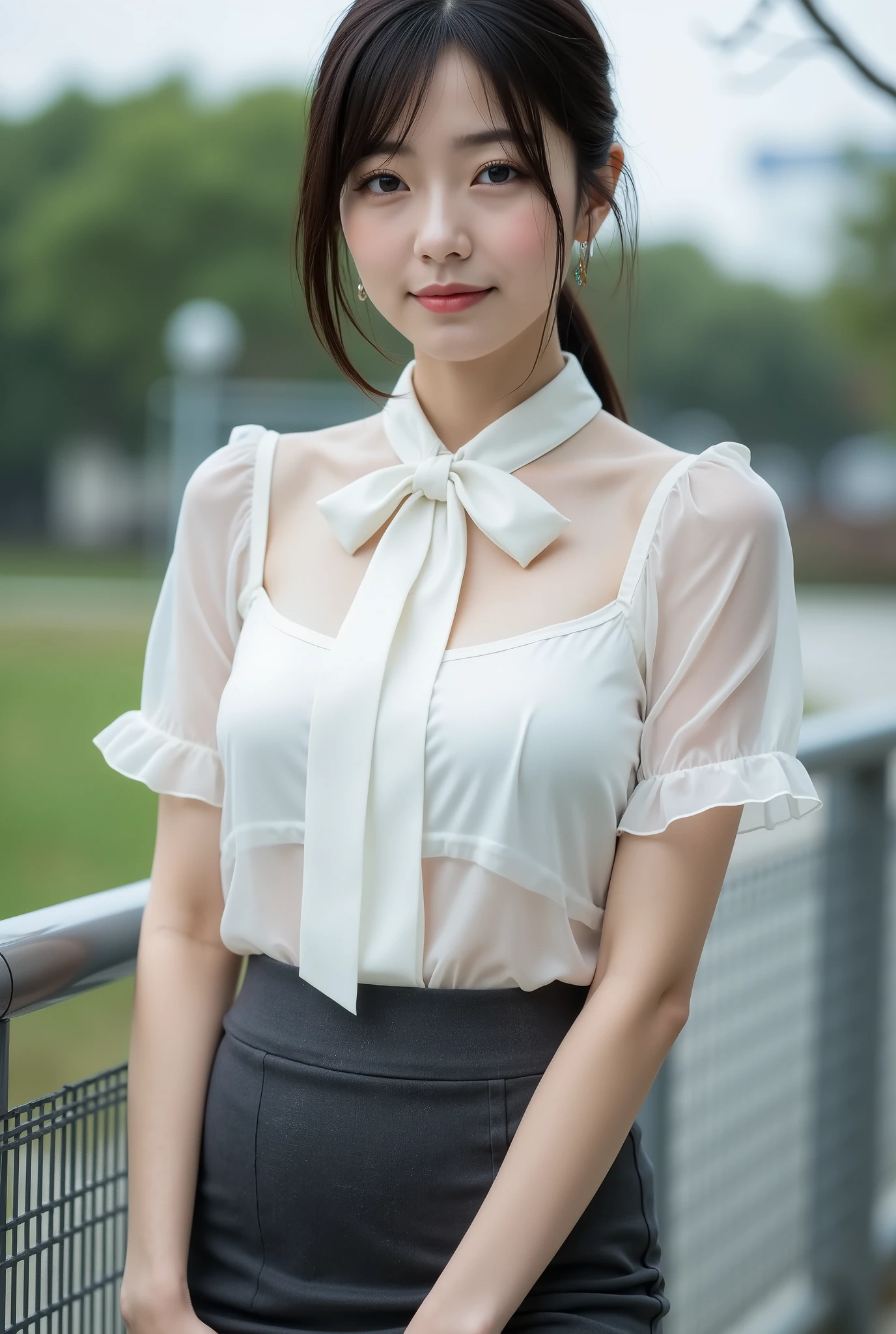 (8K, highest quality, masterpiece level: 1.4)
(Realistic, photorealistic: 1.5)
(Ultra-detailed: 1.5)
(Youthful 35-year-old beautiful Japanese woman)
(Long, well-defined face, sad lips, angelic smile: 1.2)
(Short, straight black hair tied back)
((Slender figure, slim waist, beautiful bust silhouette: 1.5))
((Sheer short sleeves, white bowtie blouse: 1.3))
(Charcoal gray tight midi-length pencil skirt: 1.2)
(Outdoors on a cloudy day, leaning against a fence in a park)