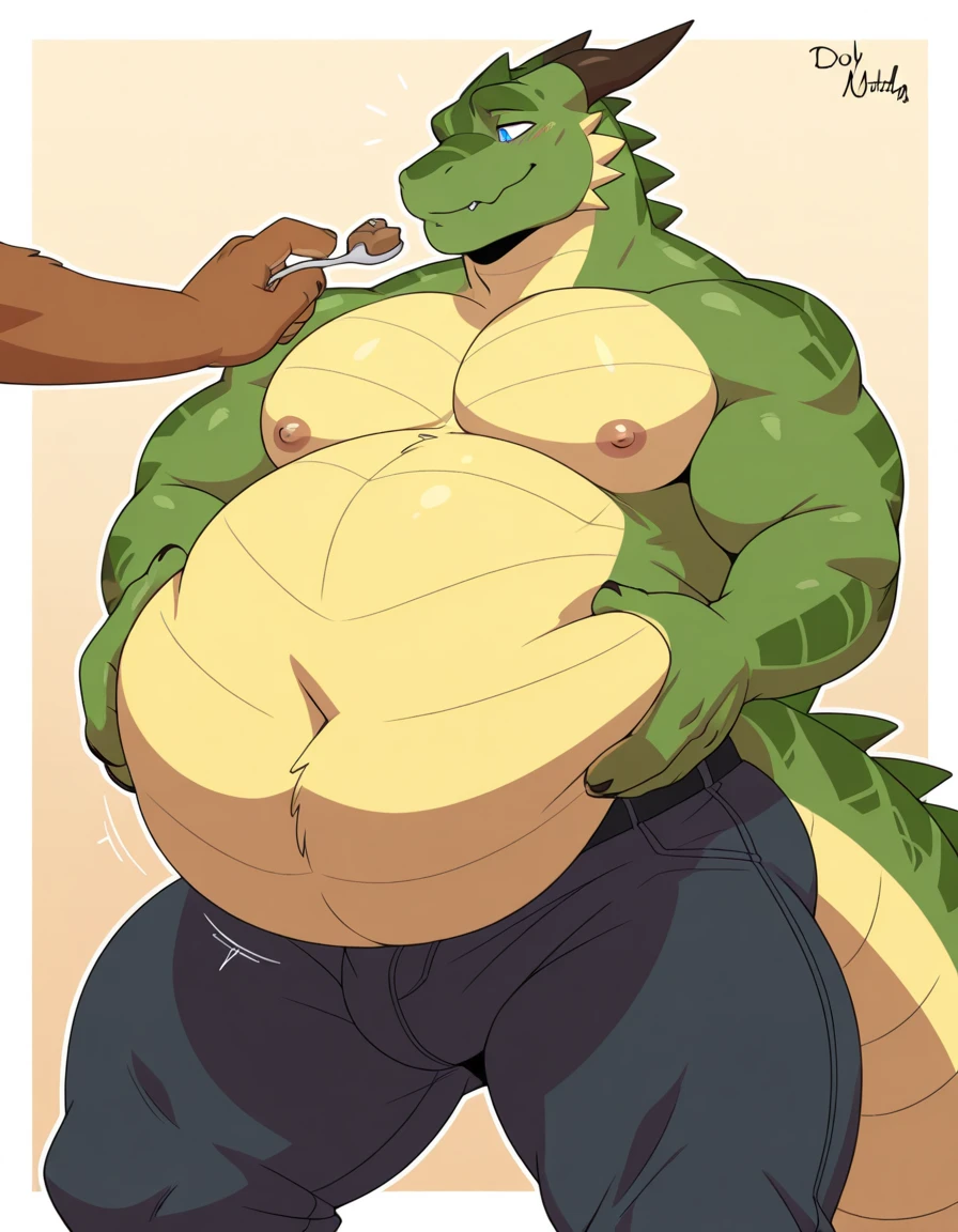 Solo, full frontal, full body, detailed bulge, bid balls, light green jockstrap, muscular belly, expanding belly, muscular man, pleased, needy expression, expanding bulge, enlarged breasts. Man, giant, with teeth, green crocodile, long blonde hair, bright blue eyes, white short gloves, cumming, sexy pose, nsfw