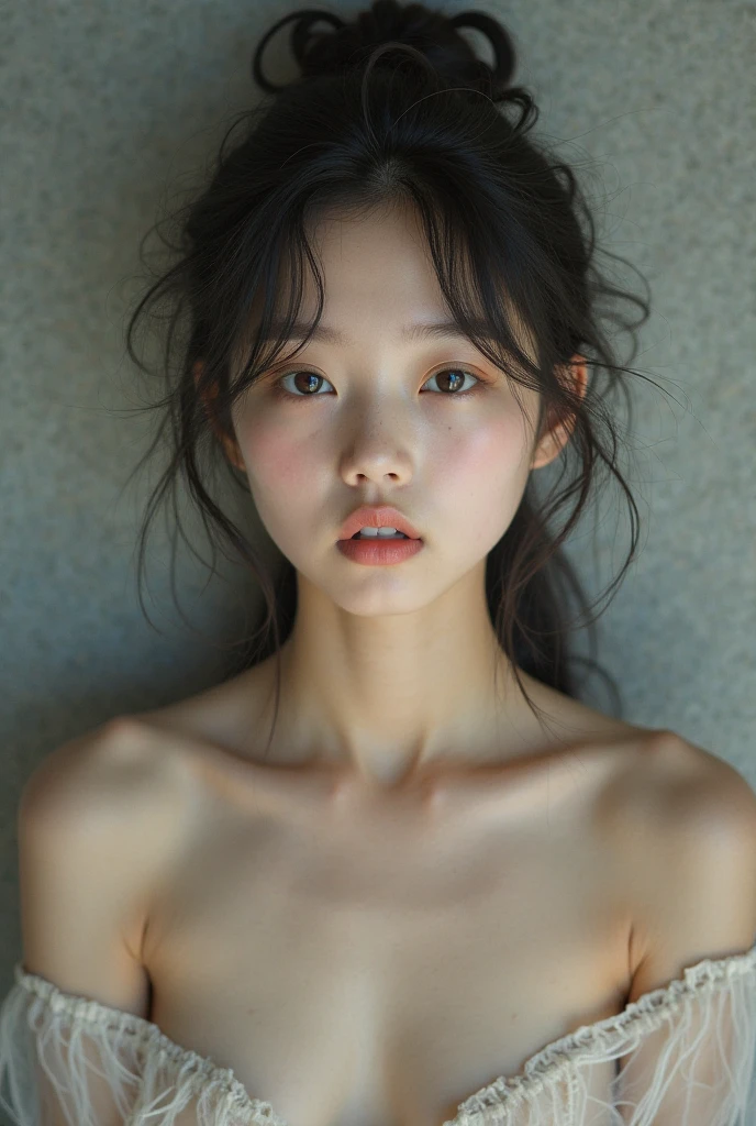 One person, Idol, close, clavicle,  ,, photograph, movie, Depth of written boundary, Skin Texture, rubber band, Topknot, Long Hair, Messy Hair, freckles,((((Completely naked)))),(((nsfw)))