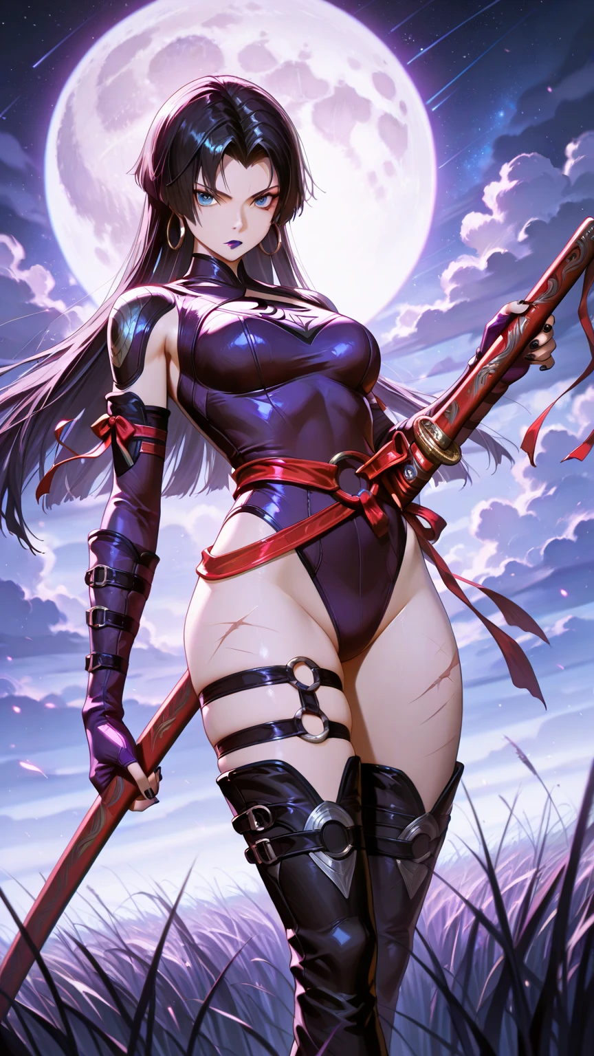 1girl, solo, An pretty woman, female assassin, goth ninja, long wavy purple hair, purple eyes, intricate face details, detailed face, large breasts, wide hip, (Wearing: Black ninja mask, leather leotard, long fingerless gloves, belt, long boots), holding a katana blade, full body, she's looking directly at the camera with a (fierce, dangerous, seductive) gaze. (Background: outdoors, forest, Japanese architecture in the surrounding, night time). The 4k textures showcases the utmost level of detail, while the cinematic lighting adds depth and mystery to the scene. Holding traditional samurai katana sword. Her gaze is both alluring and fierce, as she holds the sword with a delicate yet deadly grip.