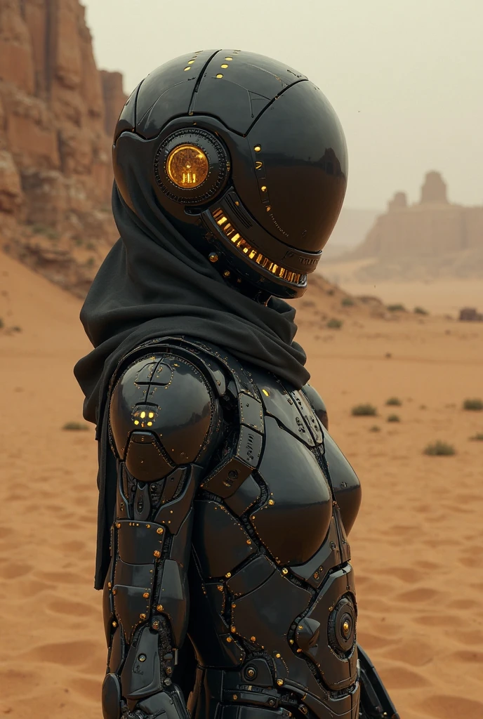 Create an image of an android walking alone through sand dunes. The image should be from a distance as we can see the profile of the android walking from left to right of the frame. The android is matte black and chrome, with the head fully encased in a helmet with a reflective silver visor . The android is feminine and is wearing traditional punk rock clothing.