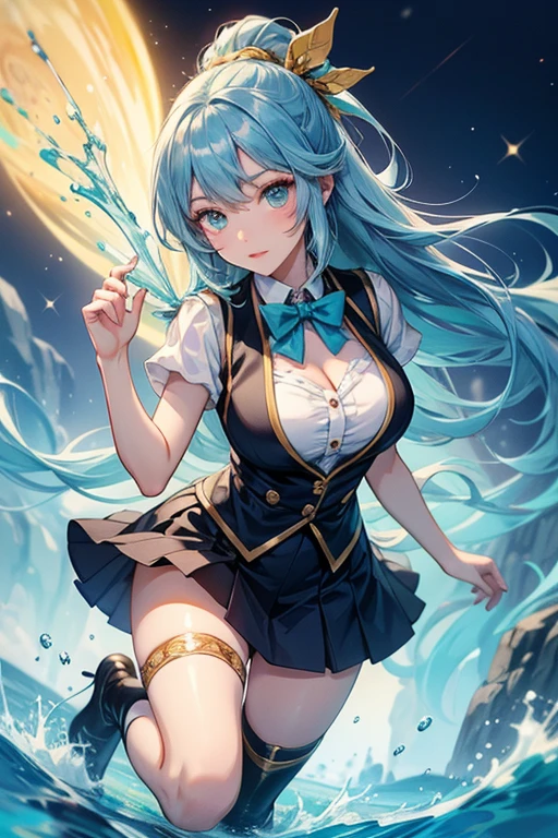 (masterpiece), (best quality), (4k resolution), (anatomy; perfect), character Hatsune Miku, 1 girl, light skin, blue eyes, (big blue hair), (locks, bangs), tied hair of both sides, (hair lighting effects), eyebrow, nose, ear, mouth, lips, long sleeve blouse, short skirt, tights, (medium chest), (perfect waist), thick legs, thick thighs, background scenery, effect water, blue background, water, water bubble, all water