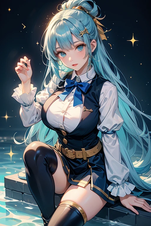 Anime girl with half blue hair and half white hair observing a starry night with a combination of very beautiful colors in the sky