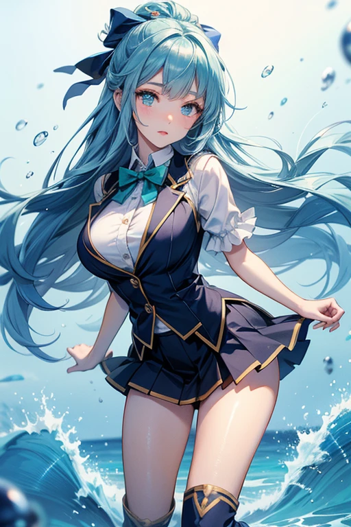 ((best quality)), ((masterpiece)), ((extremely detailed)), ((perfect composition)), (prefect anatomy), illustration:2.3, high-res, prefect lighting, ((((clean and clean)))), dynamic angle, ((((clean and clean)))), absurdres, ksaqua, 1girl, sole, upright standing on sea, pose, looking at the viewer, kindness, serene, hair rings, (blue shirt), bow, detached sleeves, skirt, thighhighs, bare shoulders), blue hair, spread legs, ((zettai ryouiki)), ass, nice pussy, showing off pussy, nsfw, explicit, sexy, prefect body, long hair, impossible long hair, floating hair, (long hairs extended to left edges), (long hairs extended to edges), (Delicate long hair tail), serious, fairy, fantasy, enchanting expressionless, (enjoying), large breasts, parted lips, legs up shot, beautiful eyes, (detailed face description), (detailed big eyes description), happiness, flowing water, flowing water droplets, splashing water sprays, splashing water drops, water droplets fall, lapping wavelets, perfect water loop, octane rendering, colorful contrast, focus thighs, no panties, focus pussy, extremely detail real drawn hands with fingers, pussy see-through:1.3, [suggestive fluid], [[[nice blue pubic_hair]]].
<lora:konosuba_aqua-10:0.75> <lora:Yuansuli_shui:0.8> <lyco:BetterPussyV0.1.0-LR00025-Locan:1> 
<lora:add_detail:0.35> <lora:rainbow:0.3> <lora:style_Animi:0.2>