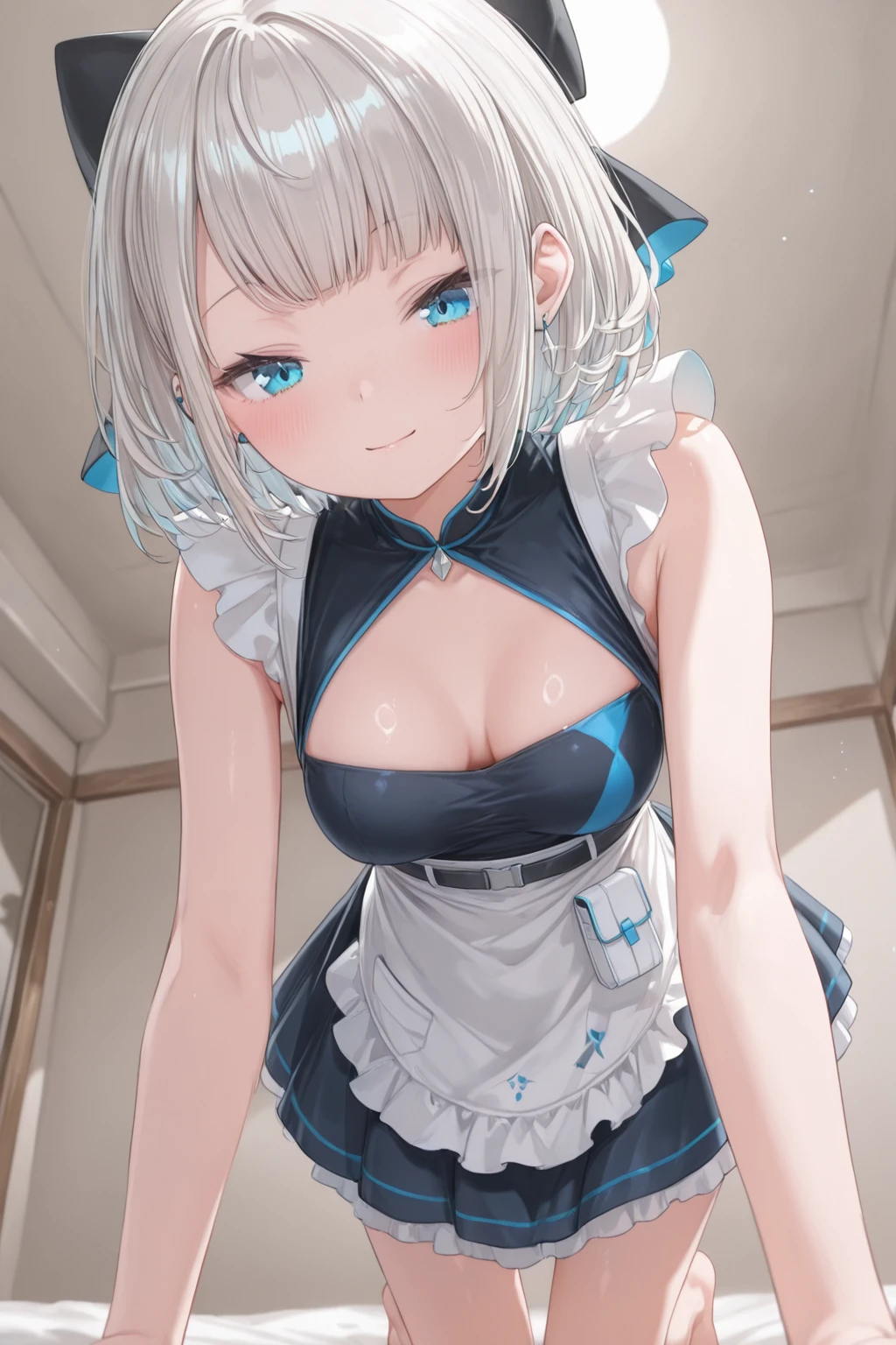 (8k, Realistic, RAW Photos, Highest quality, (from below:2), View your viewers: 1.3), (Fox Girl, Fox Ears, One Girl, Alone on the screen, dark skin, High definition, (boyish, Silver color very short hair), (Silver and blue odd eyes:1.5):1.4), とてもbeautiful, (Realistic Face), (wet maid apron, Clothes that are mainly black with red accents, (Long skirt):1.5), (Body measurements: 88-55-77!, Height is 145 cm, Nice body, Big Breasts, (skirt hold, show off panties), slender, cleavage:1.6), Standing posture, A brilliance that captivates the viewer, beautiful expression, beautiful breasts, (Realistic Skin), beautiful...