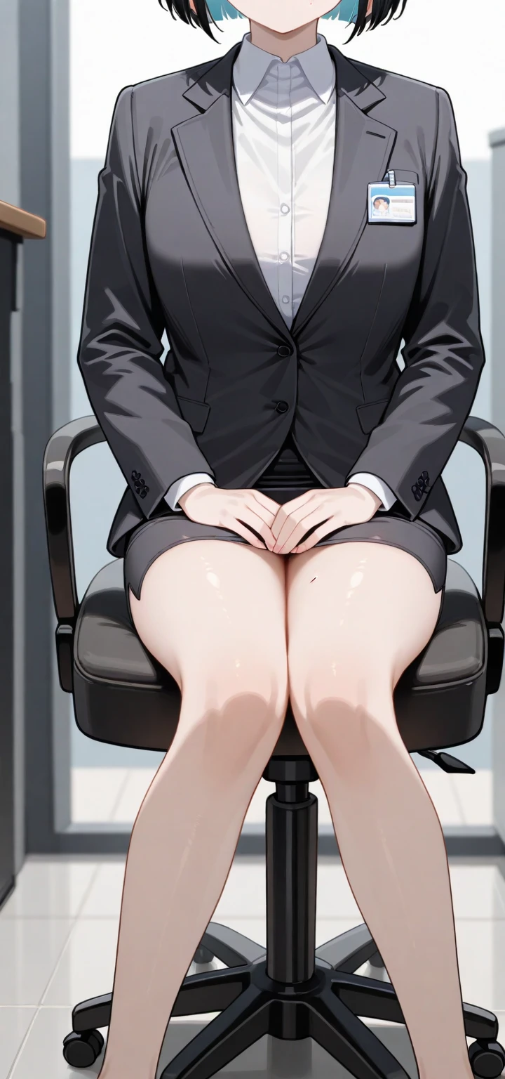 Short Secretary with short pixie light ginger hair, pale skin, surprised face, tight white short sleeved button up shirt, tight black pencil skirt, ver thick thighs, wide hips, dainty feet, full body shown, large breasts, thick thighs pressed together, large thighs, sitting in her chair, ((blowjob)), wearing feminine black slip on flats shoes on her feet, full body shown including legs and feet, feet in frame, show side view of her, cumming in mouth too much, man is aggressively holding secretary’s head against the base of his penis, keeping her in place, submissive, secretary is tip toening, mouth bulging slightly, giving a footjob in a different angle