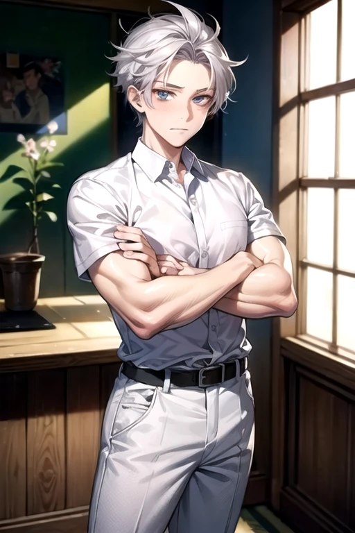 (1 Adult male),A high resolution, Sharp focus, Pixiv masterpiece, ((Complicated details)), highly detailed, natsuki_subaru, 1 man, with her mouth open,full bodyesbian,sit astride, yellow eyes(eyes glowing), with short white hair,white shirt,Wear a tie,Wear a belt,perspire,look from down
