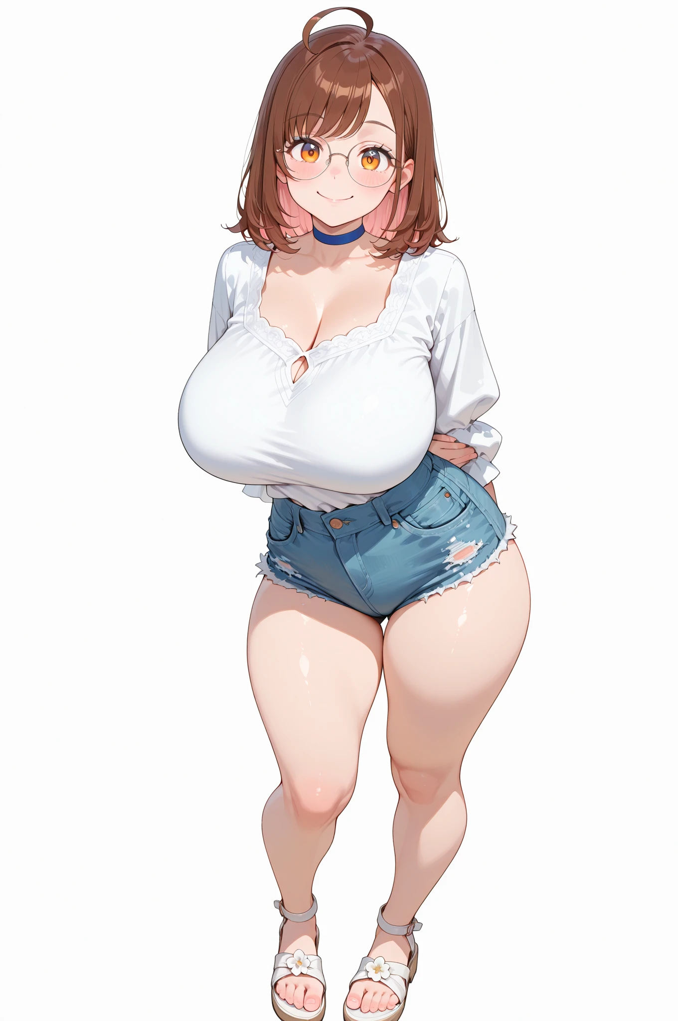 Anime illustration、highest quality、A short and plump high school girl、Explore the resort town on foot、Riders jacket、Tube top、hot pants、Perfect proportions、Thick thighs、overwhelmingly big breasts、Beautiful, shining eyes、Cowboy Shot、Blushed、smile